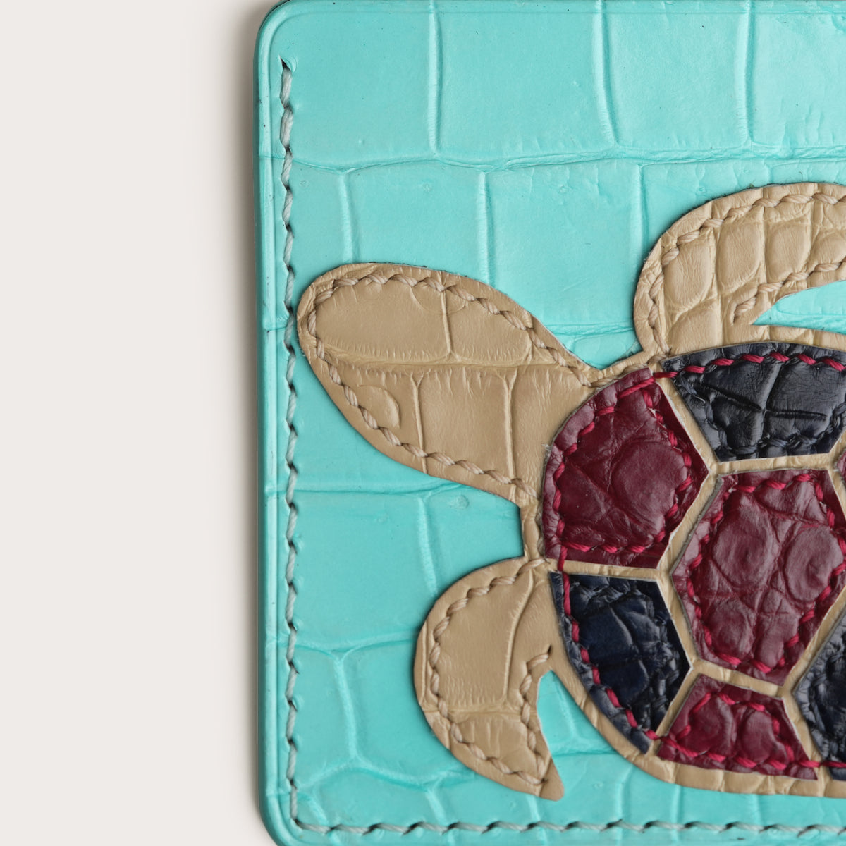 Minimalist Turquoise Crocodile Leather Card Holder - Turtle Design