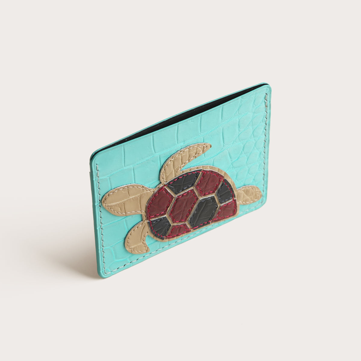 Minimalist Turquoise Crocodile Leather Card Holder - Turtle Design