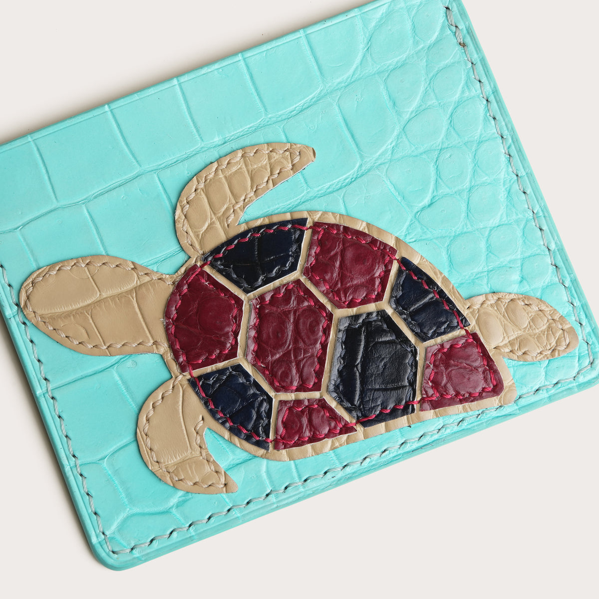 Minimalist Turquoise Crocodile Leather Card Holder - Turtle Design