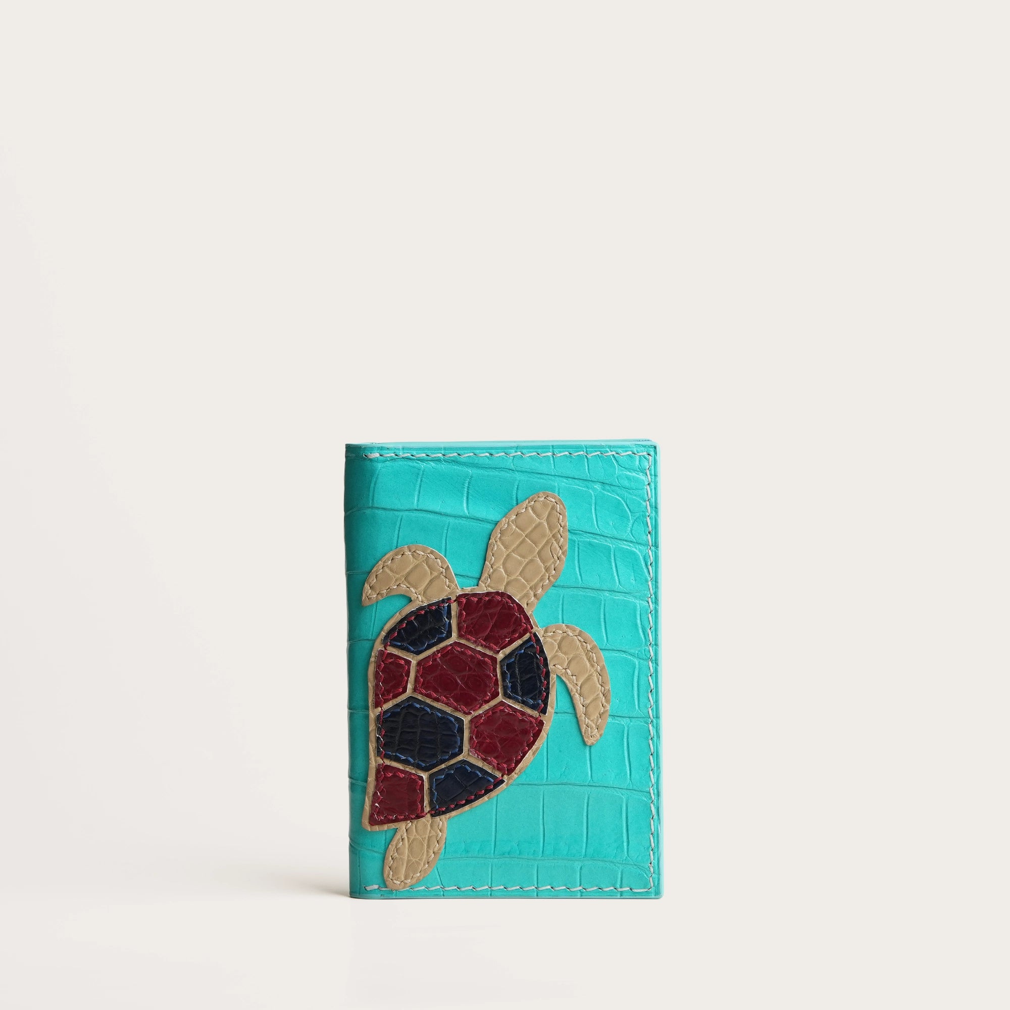 Minimalist Turquoise Crocodile Leather Bifold Wallet - Turtle Design