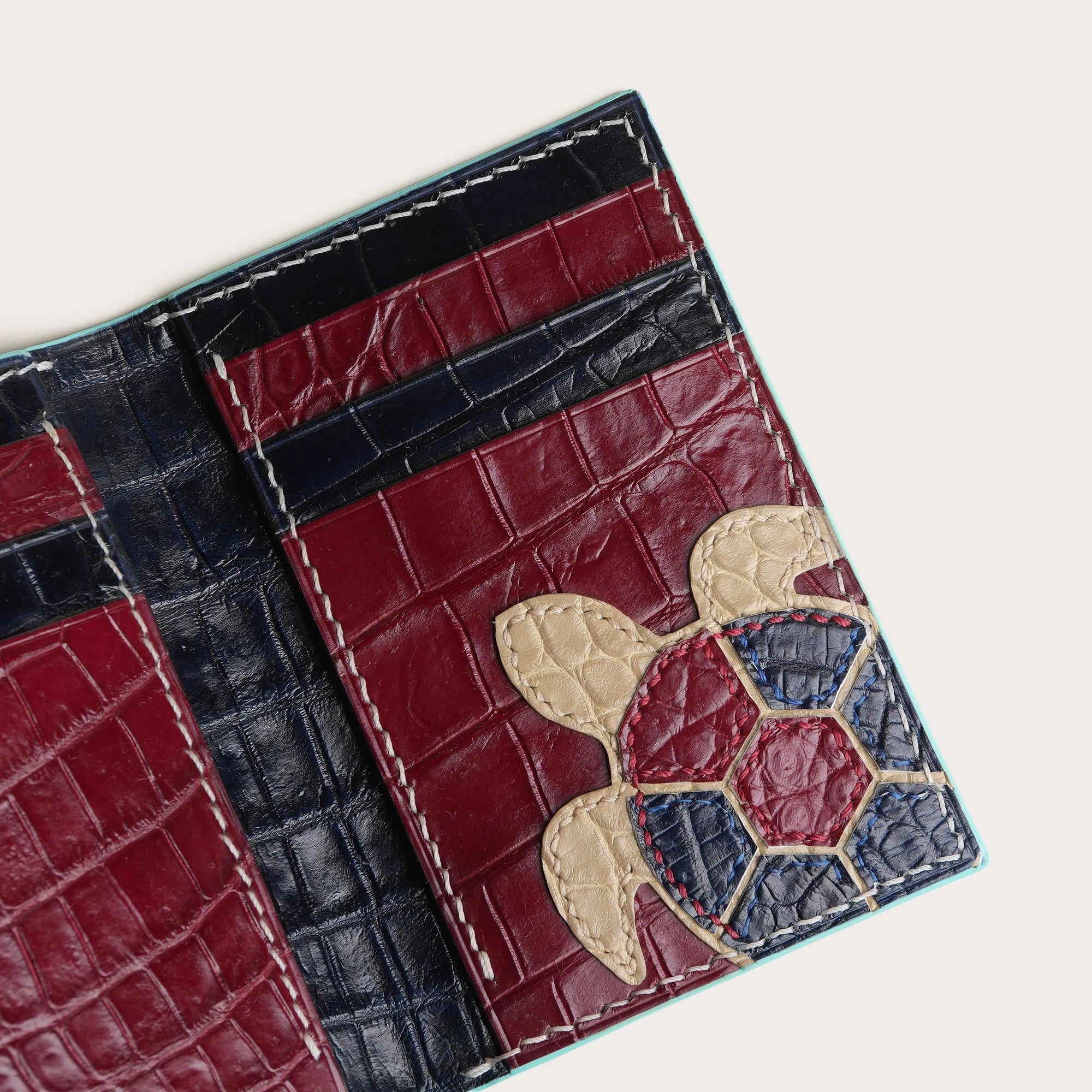 Minimalist Turquoise Crocodile Leather Bifold Wallet - Turtle Design