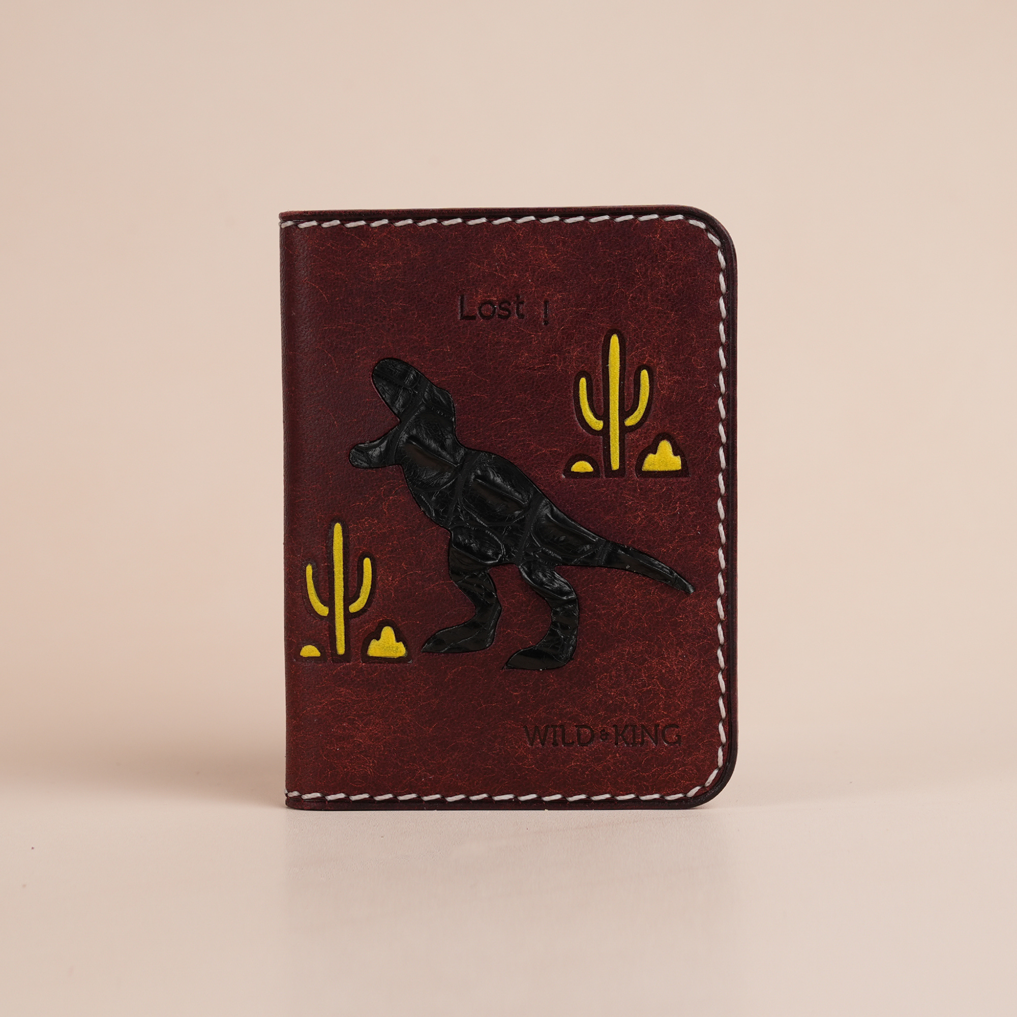 Minimalist Burgundy Pueblo Leather Bifold Card Wallet - Dinosaur Deisgn