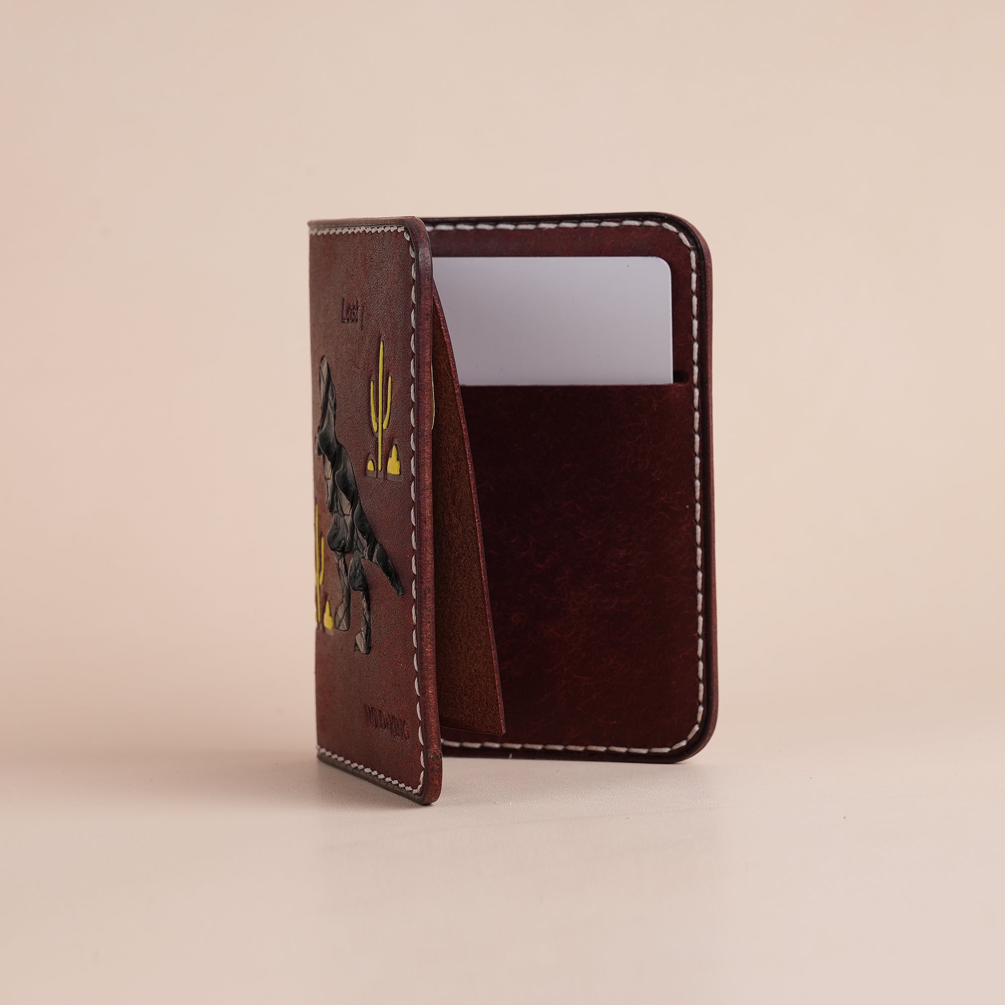 Minimalist Burgundy Pueblo Leather Bifold Card Wallet- Dinosaur Deisgn
