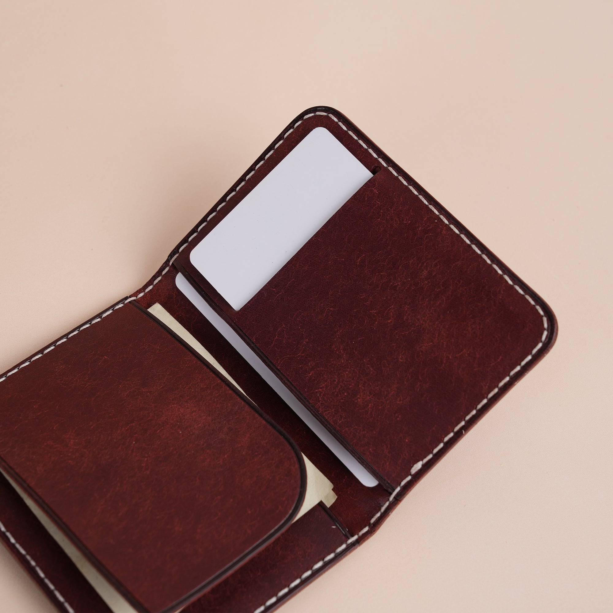 Minimalist Burgundy Pueblo Leather Bifold Card Wallet- Dinosaur Deisgn
