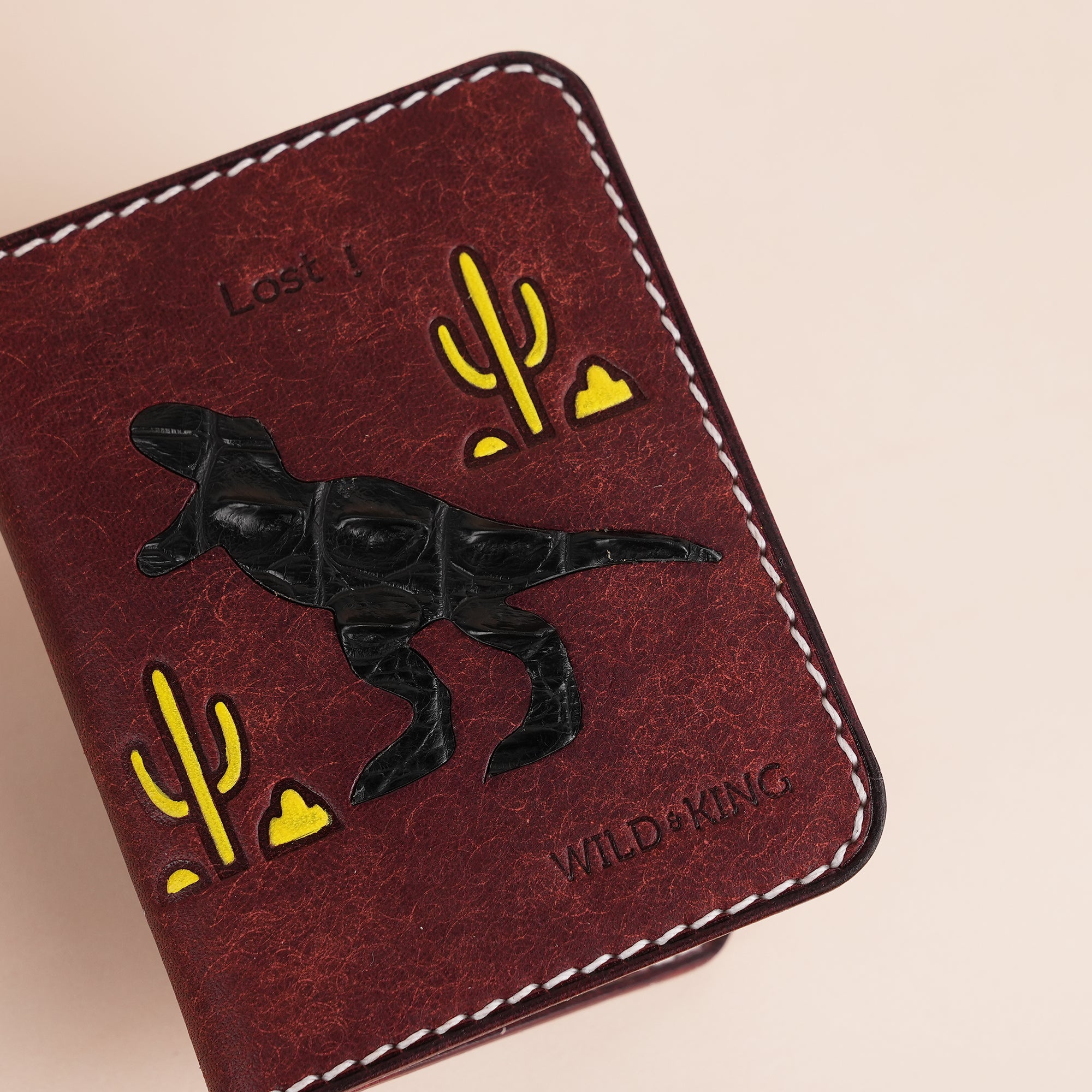 Minimalist Burgundy Pueblo Leather Bifold Card Wallet- Dinosaur Deisgn