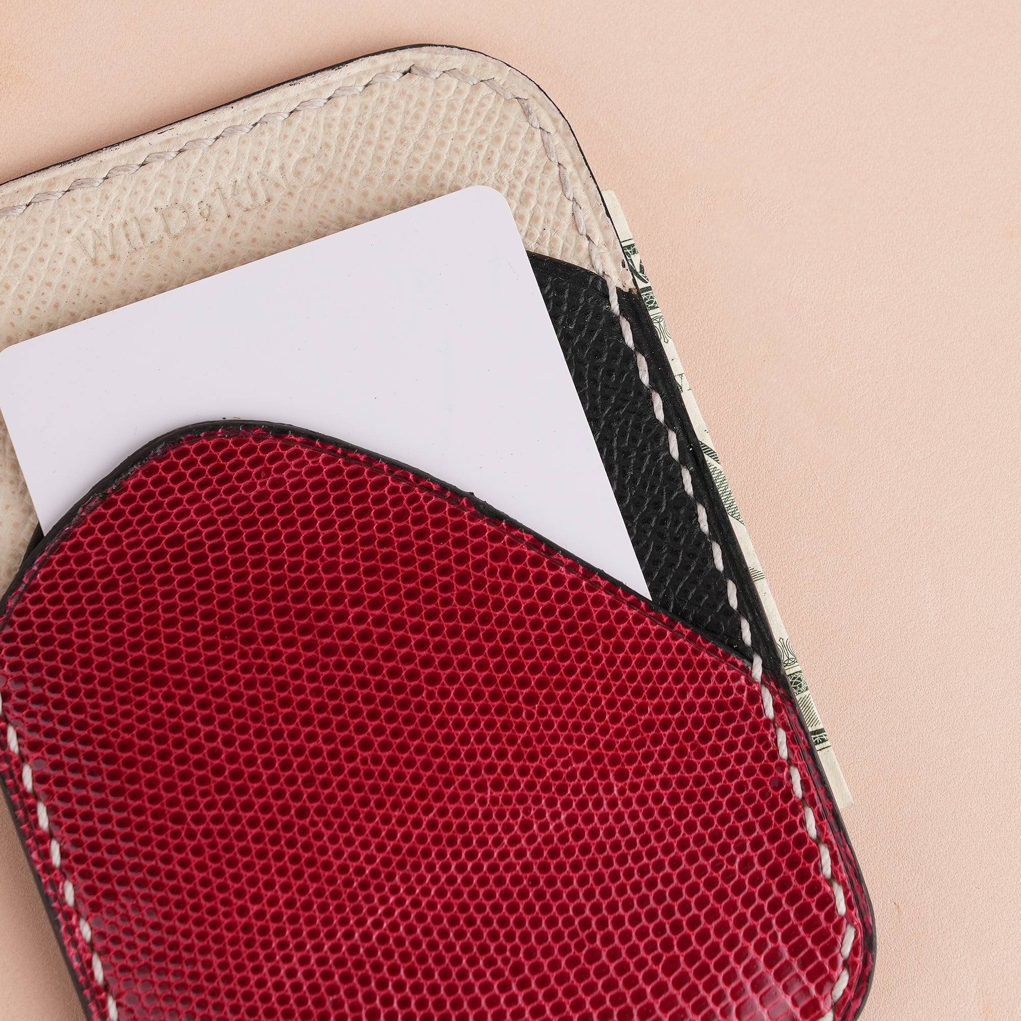 Minimalist Red Lizard mix Black Epsom Card Holder - Ocean Crest