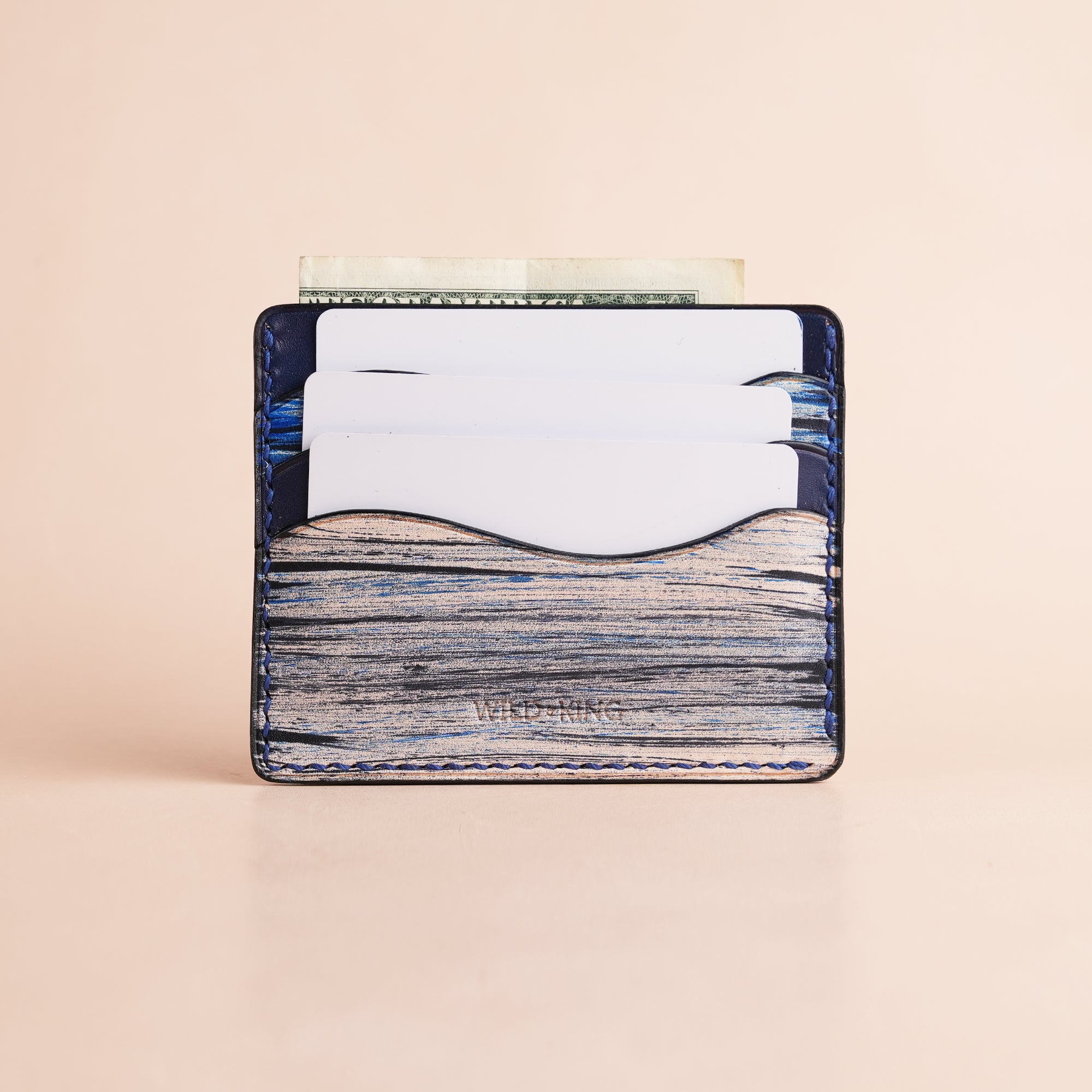 Minimalist Navy Leather Card Holder - Natural Streaks