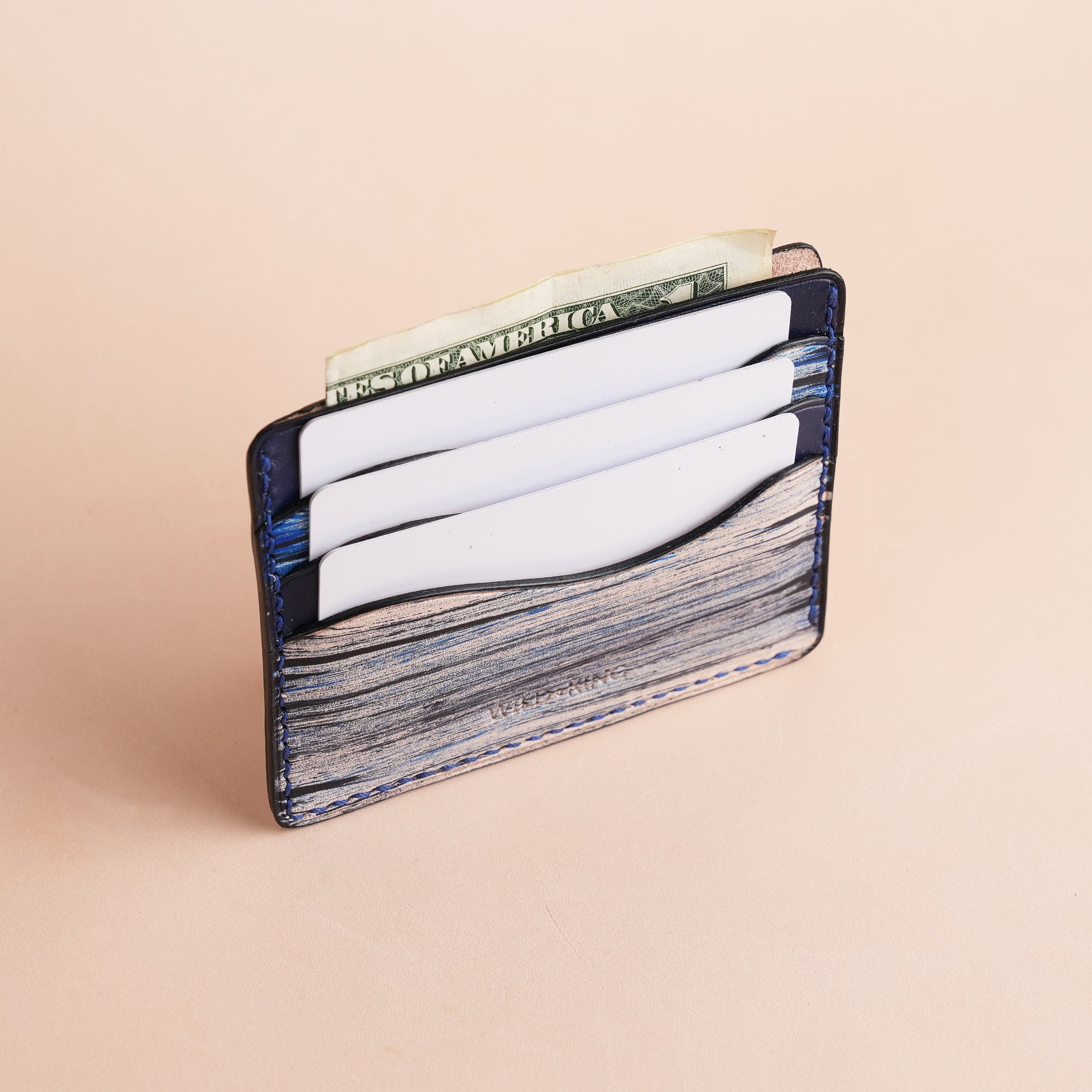 Minimalist Navy Leather Card Holder - Natural Streaks