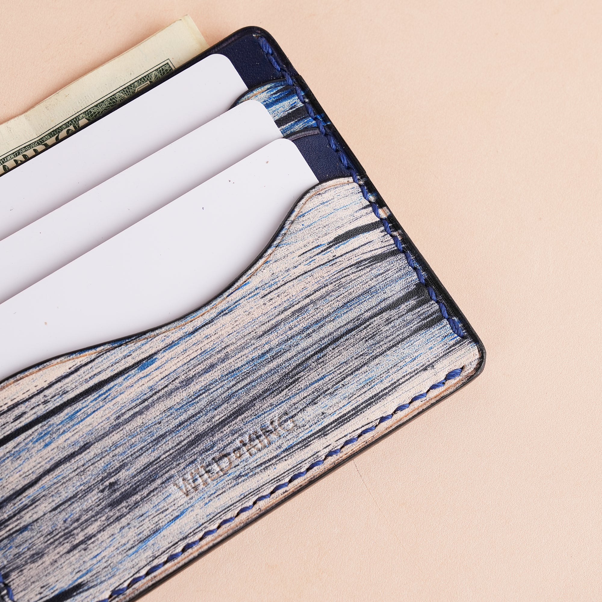 Minimalist Navy Leather Card Holder - Natural Streaks