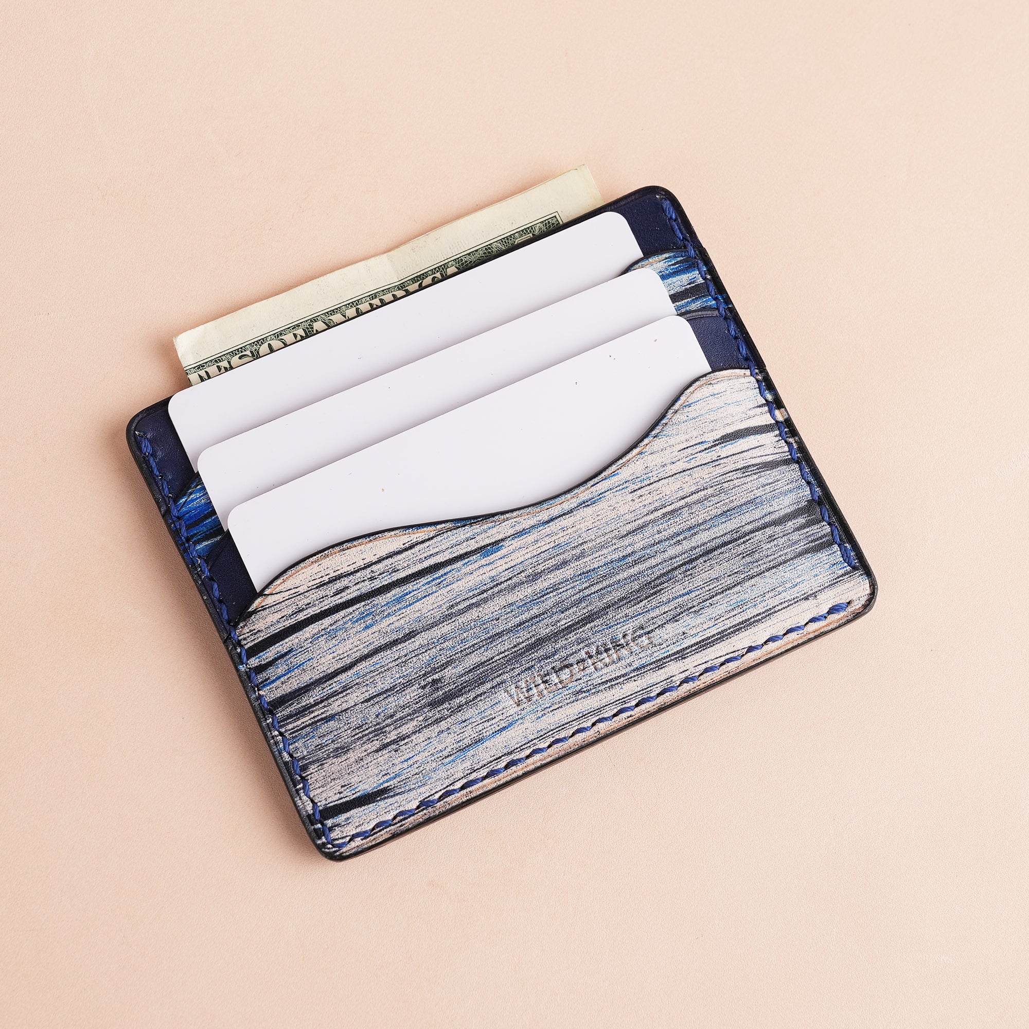 Minimalist Navy Leather Card Holder - Natural Streaks