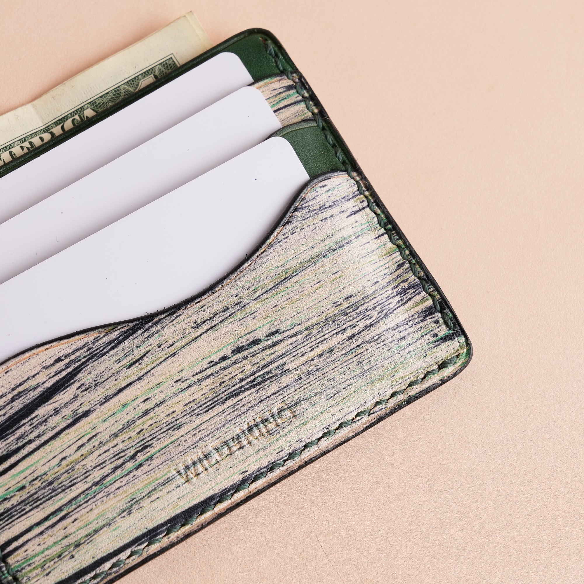 Minimalist Green Leather Card Holder - Natural Streaks