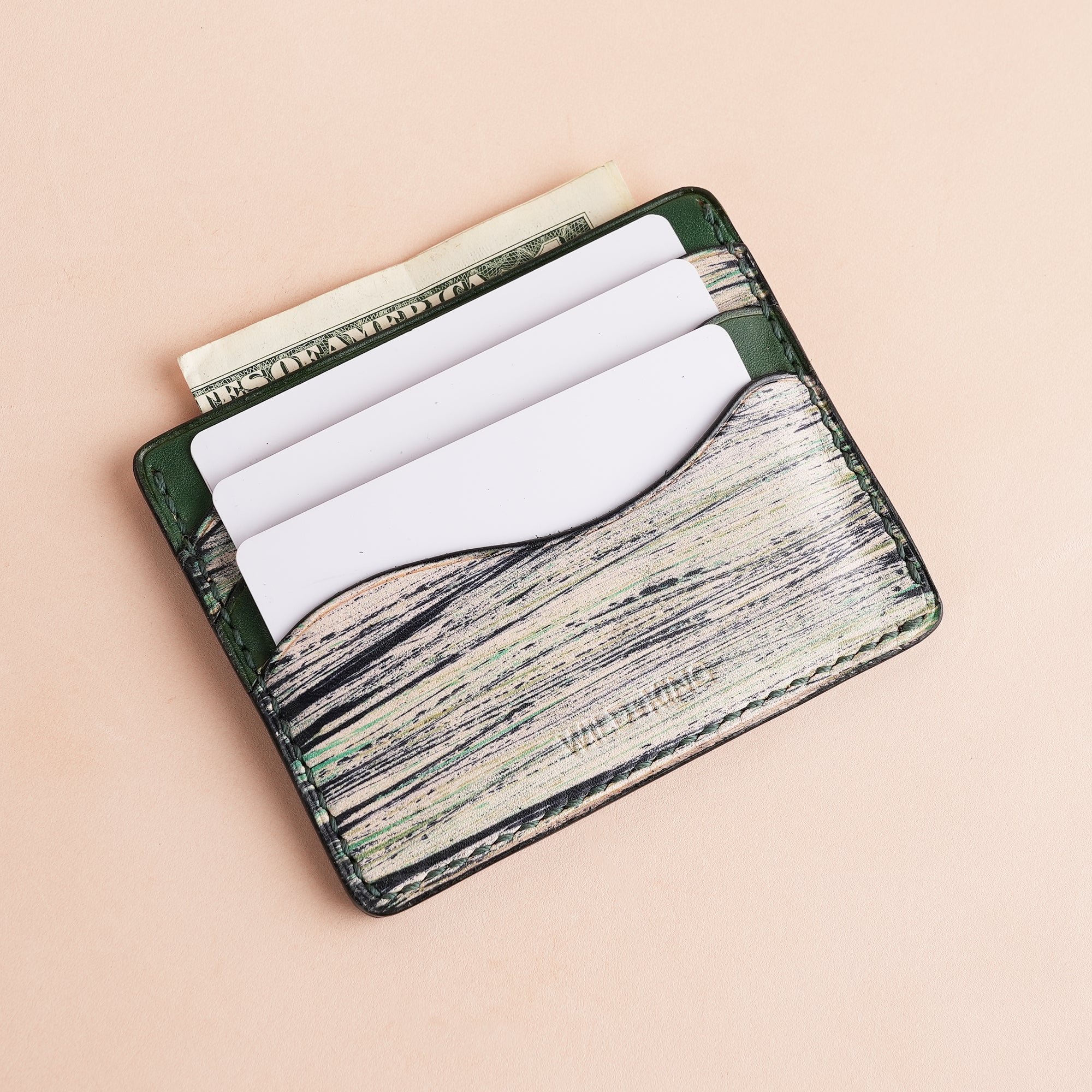 Minimalist Green Leather Card Holder - Natural Streaks