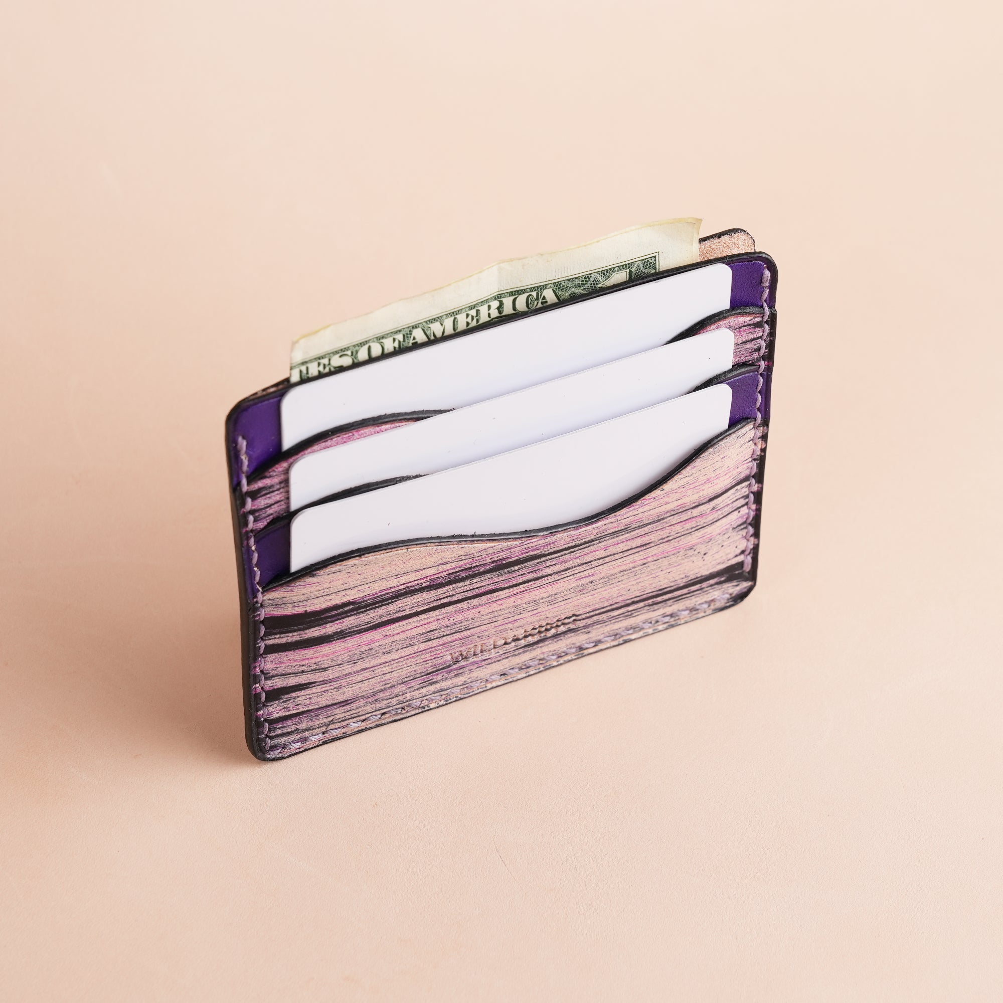 Minimalist Purple Leather Card Holder - Natural Streaks