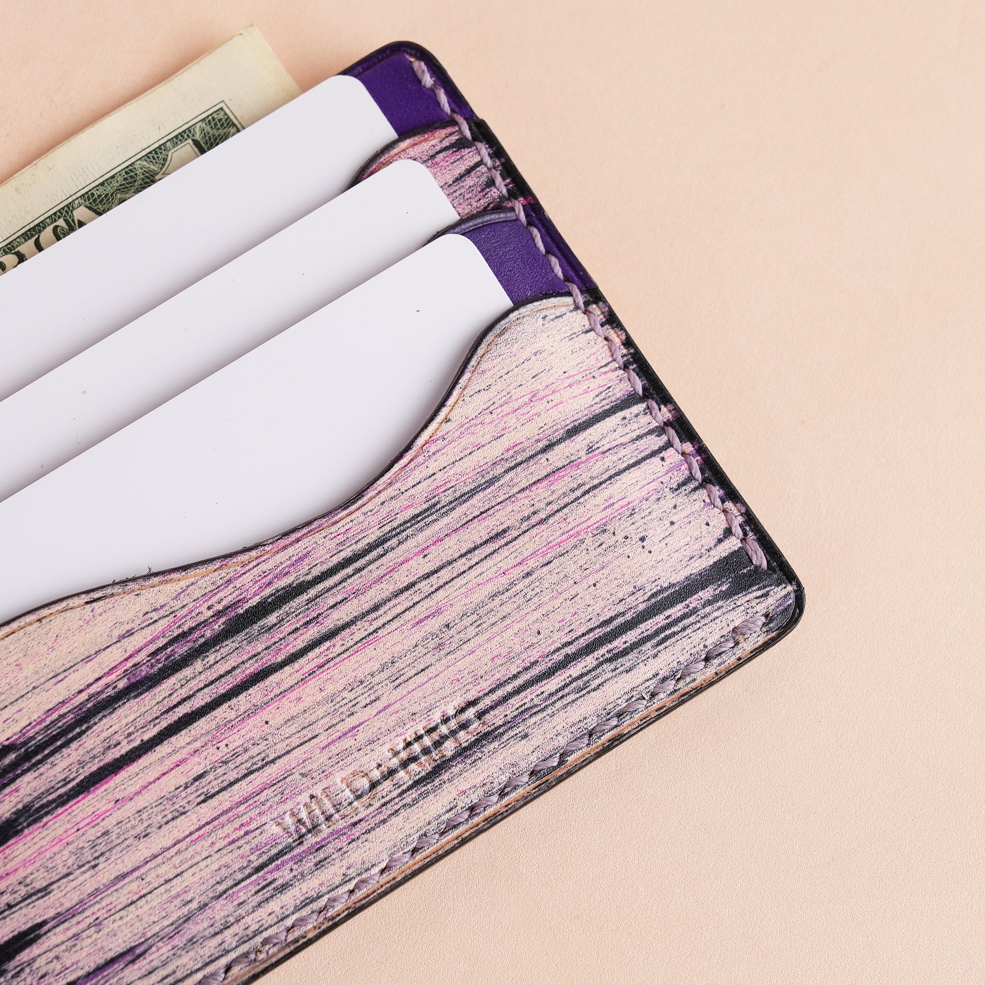 Minimalist Purple Leather Card Holder - Natural Streaks