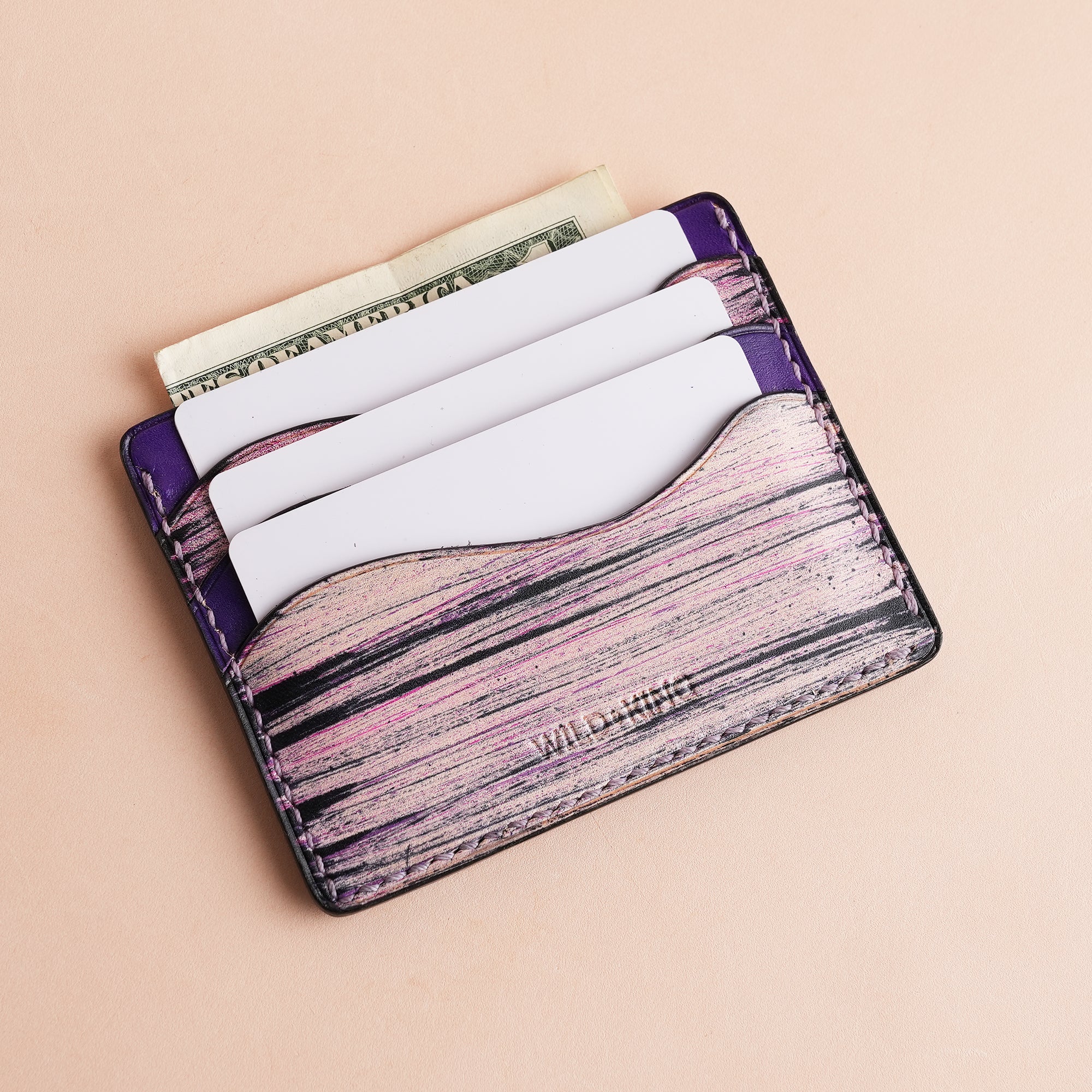 Minimalist Purple Leather Card Holder - Natural Streaks