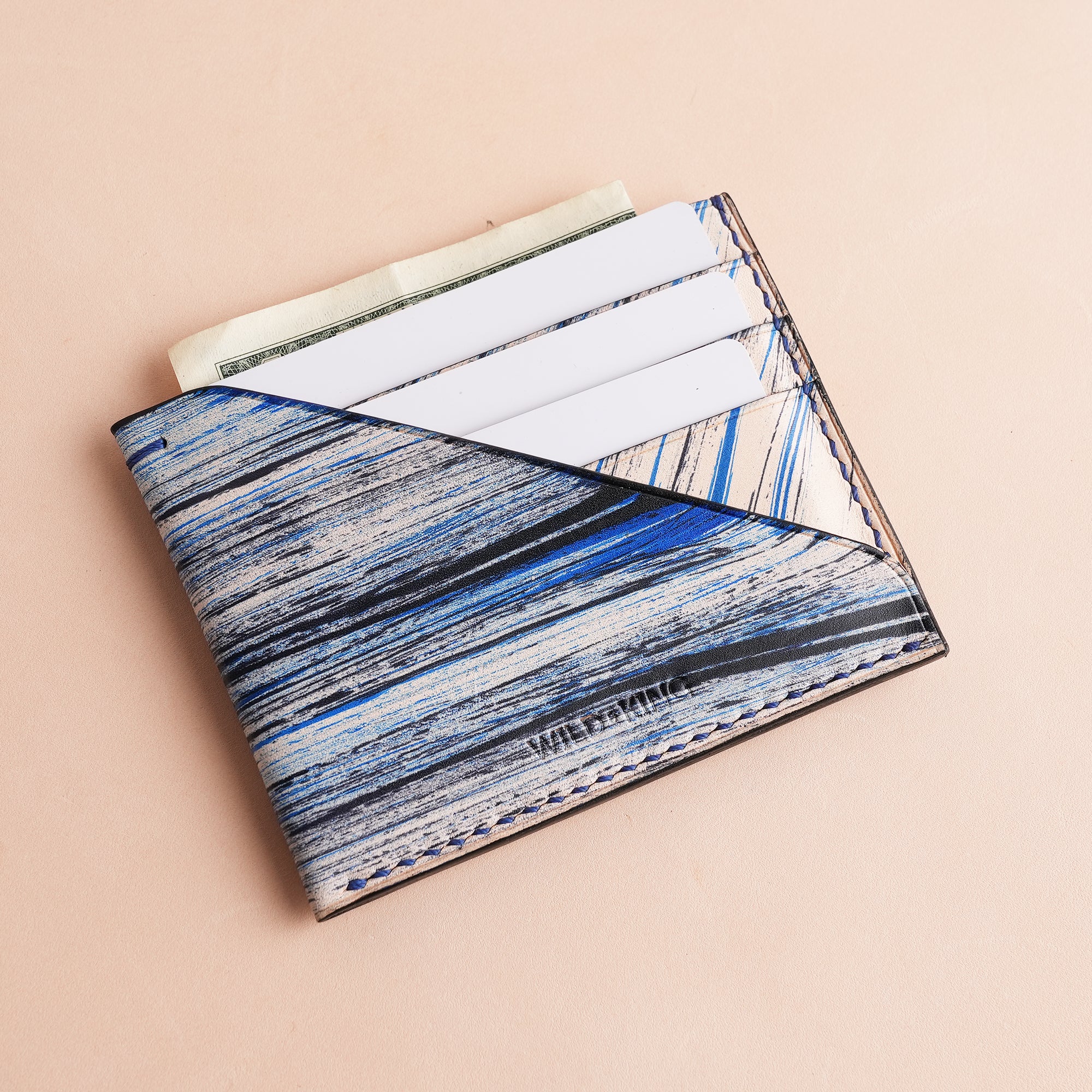 Minimalist Blue Leather Card Holder - Natural Streaks