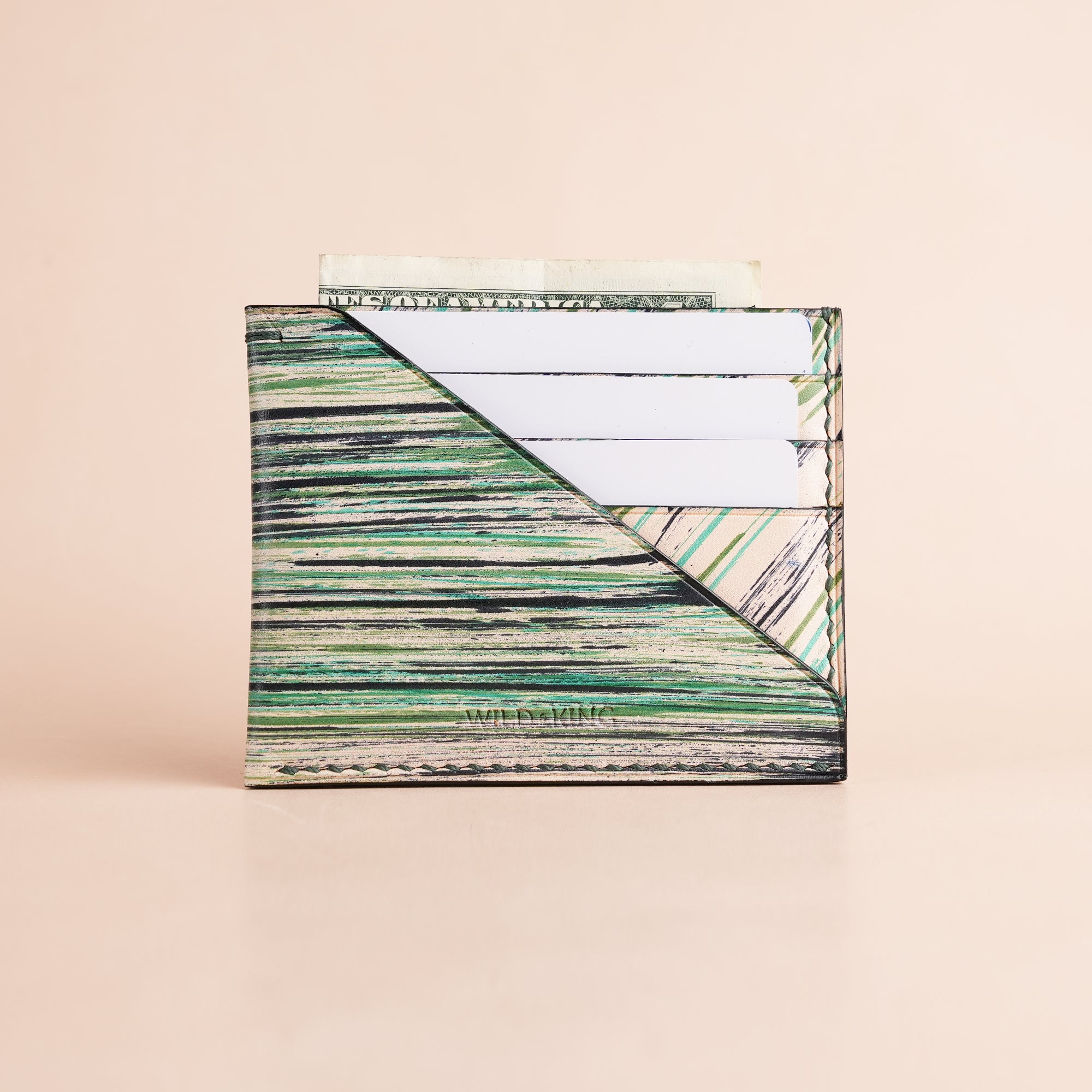 Minimalist Green Leather Card Holder - Natural Streaks