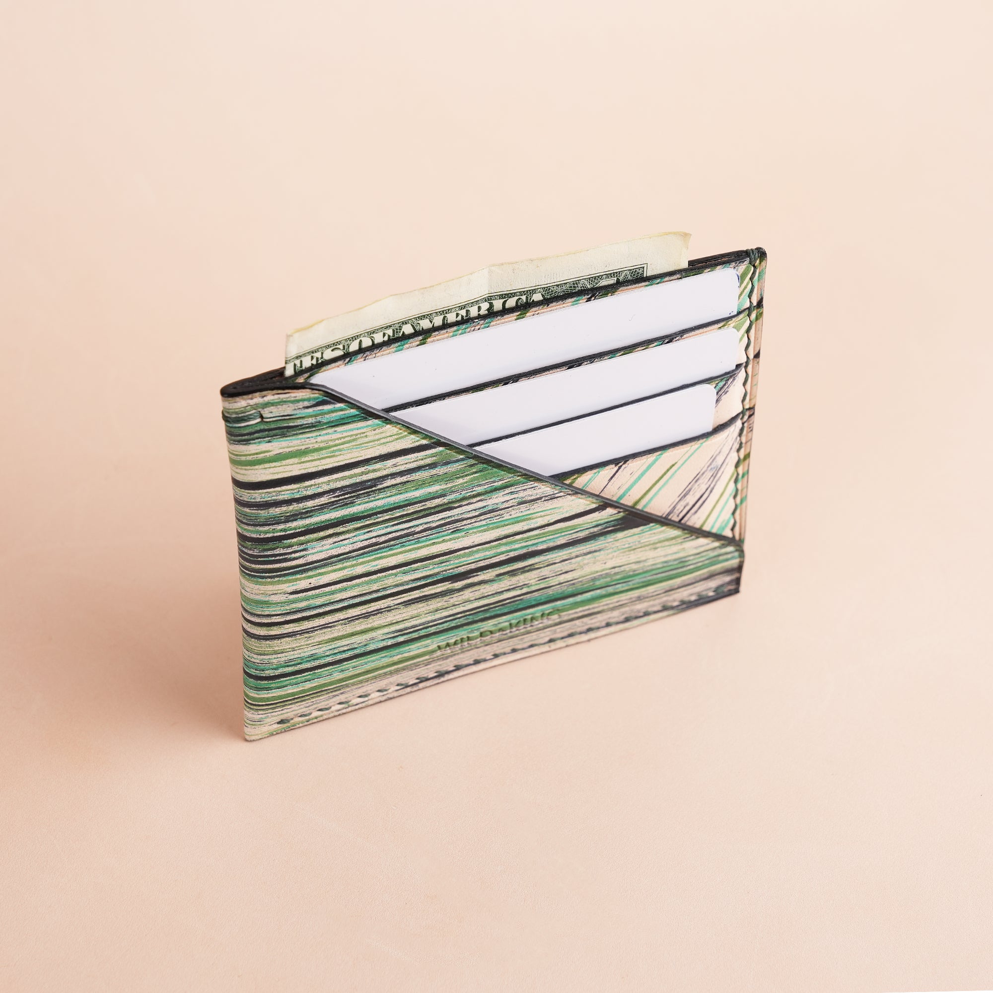 Minimalist Green Leather Card Holder - Natural Streaks