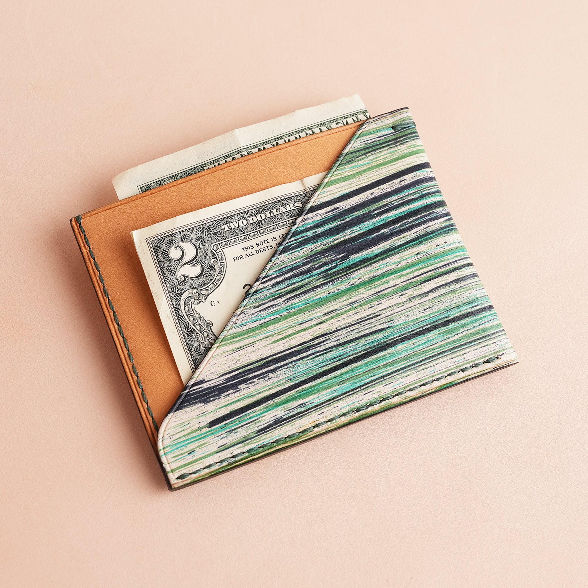 Minimalist Green Leather Card Holder - Natural Streaks