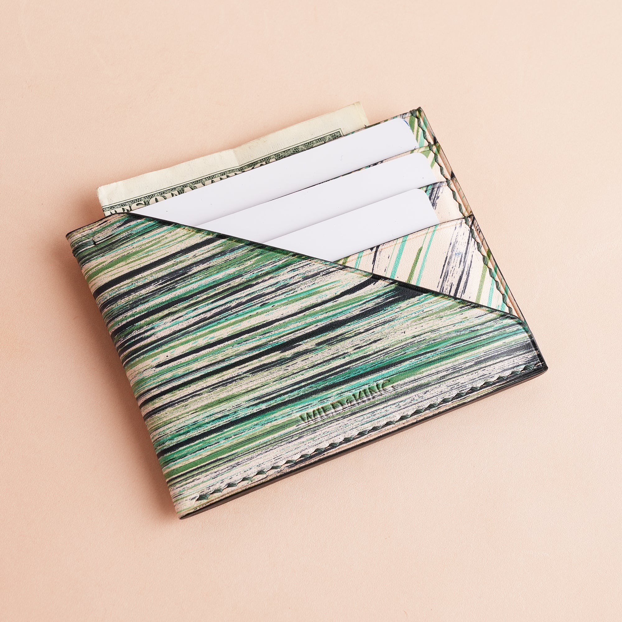 Minimalist Green Leather Card Holder - Natural Streaks