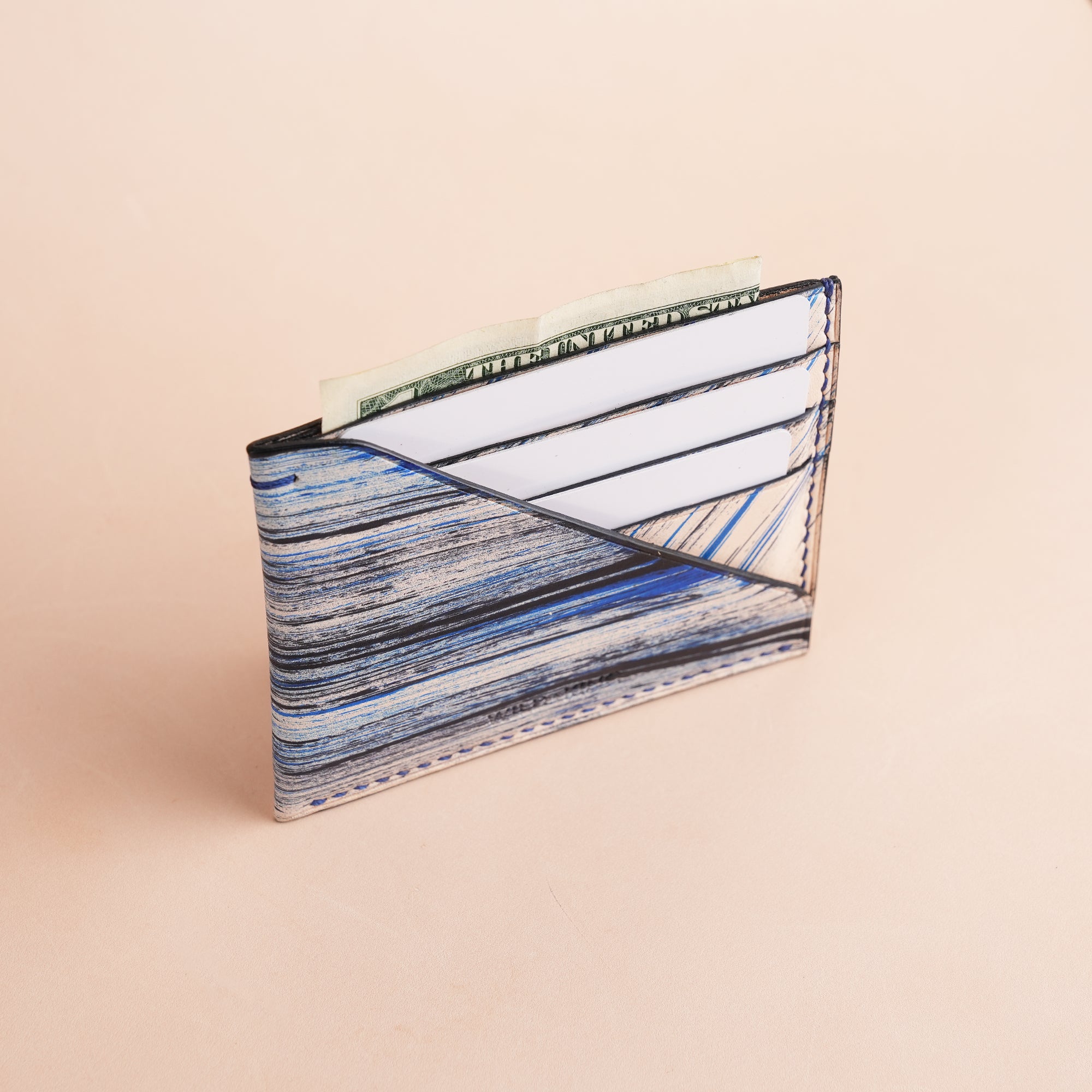 Minimalist Blue Leather Card Holder - Natural Streaks