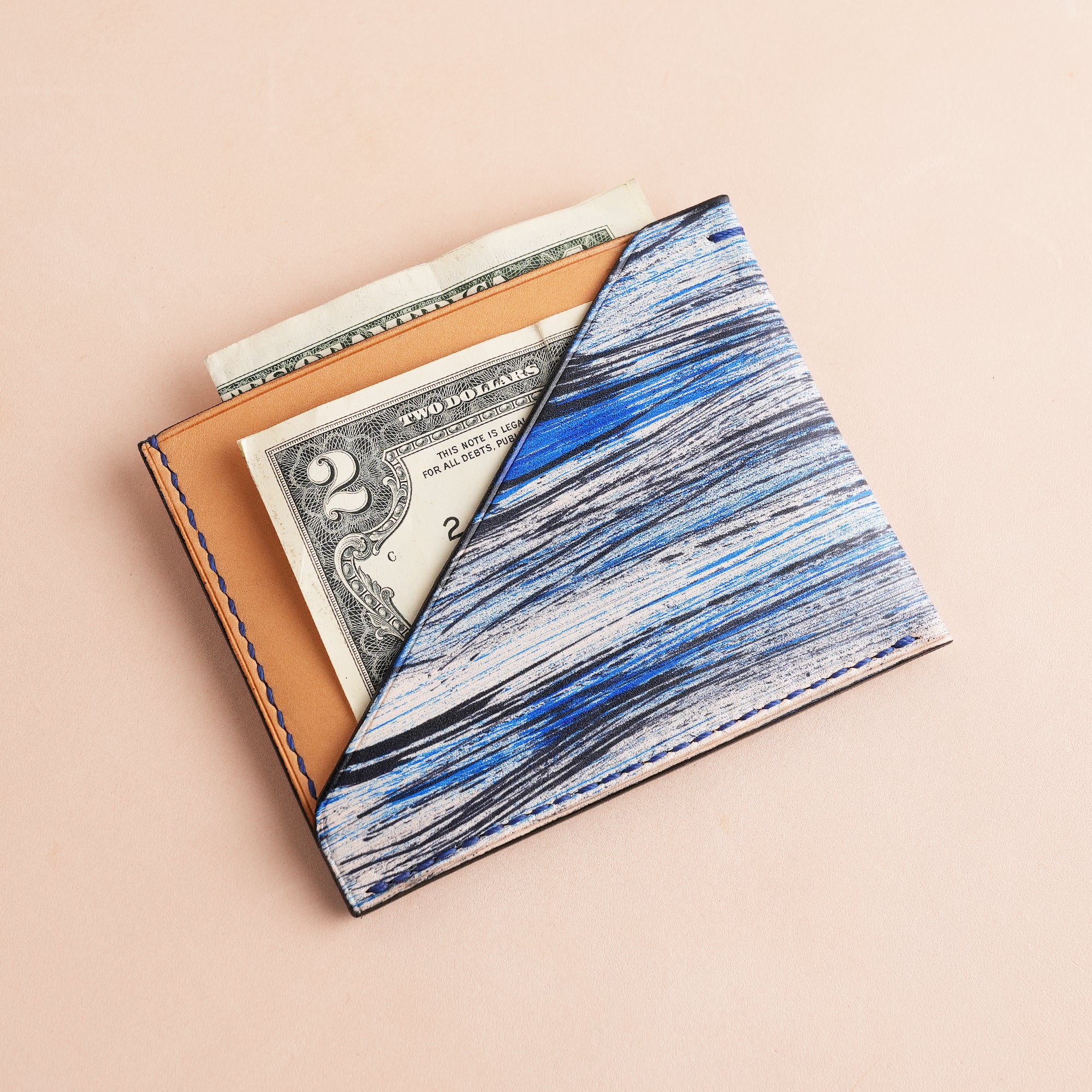 Minimalist Blue Leather Card Holder - Natural Streaks