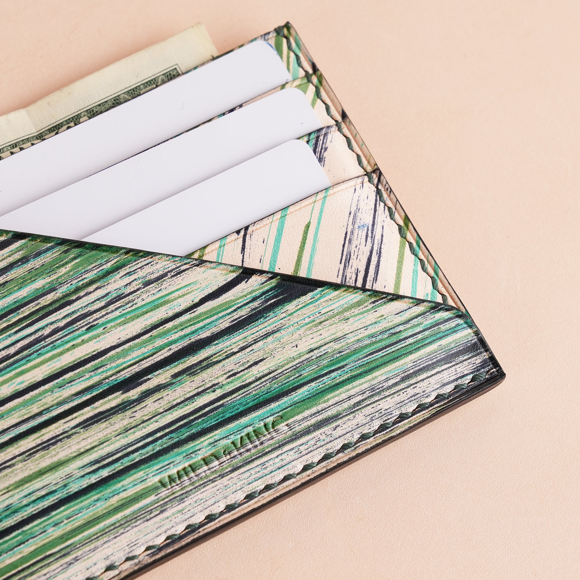 Minimalist Green Leather Card Holder - Natural Streaks