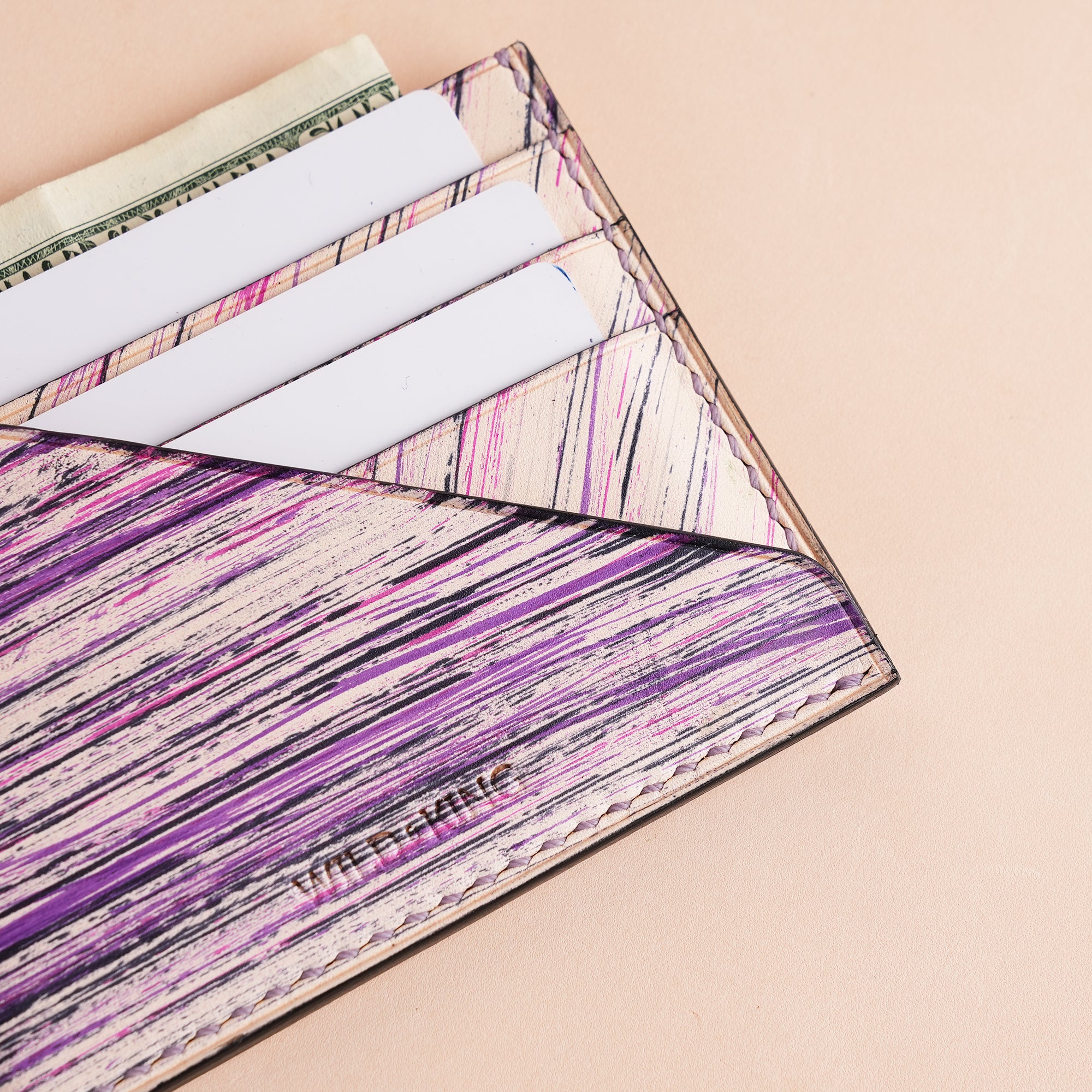 Minimalist Purple Leather Card Holder - Natural Streaks