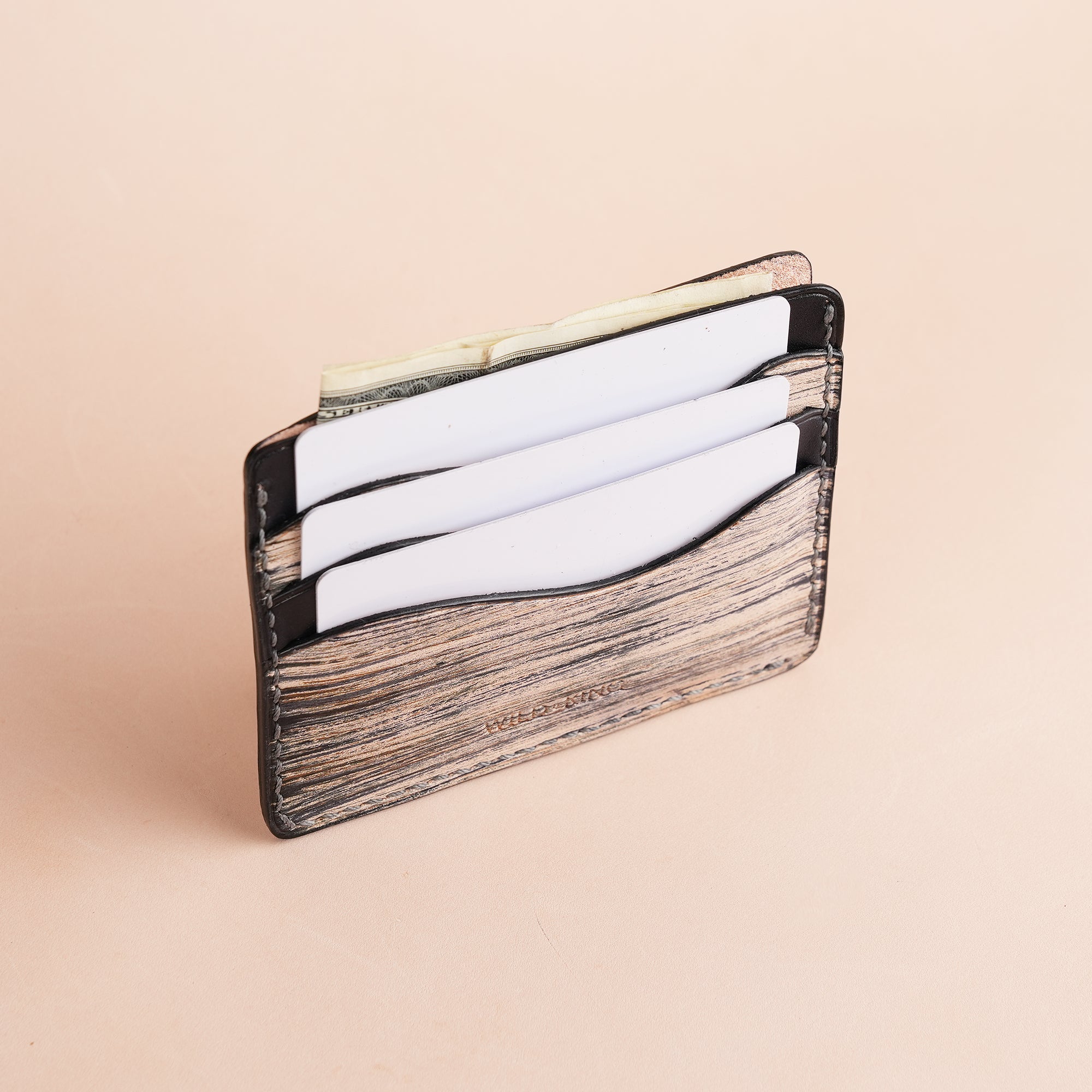 Minimalist Black Leather Card Holder - Natural Streaks