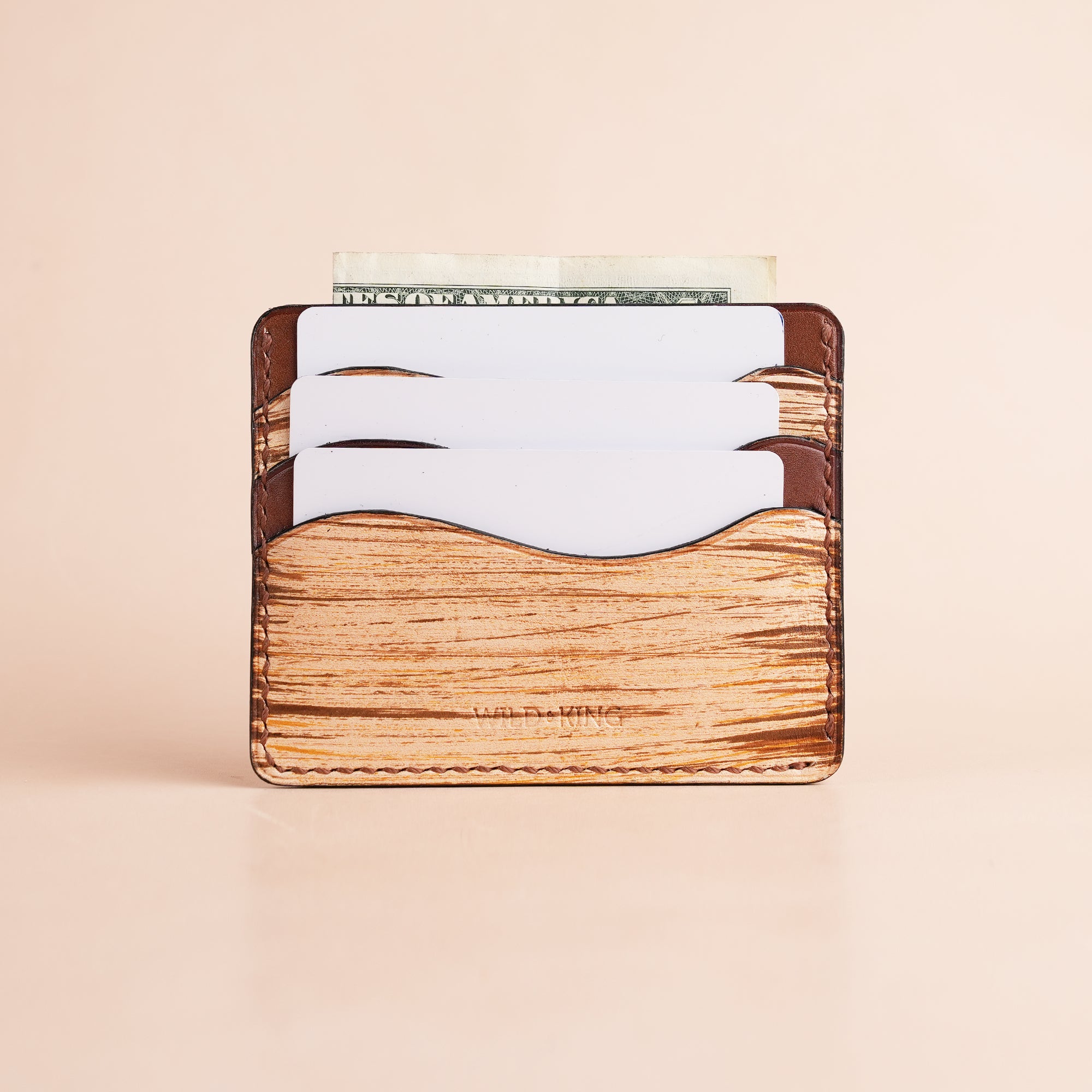 Minimalist Brown Leather Card Holder - Natural Streaks