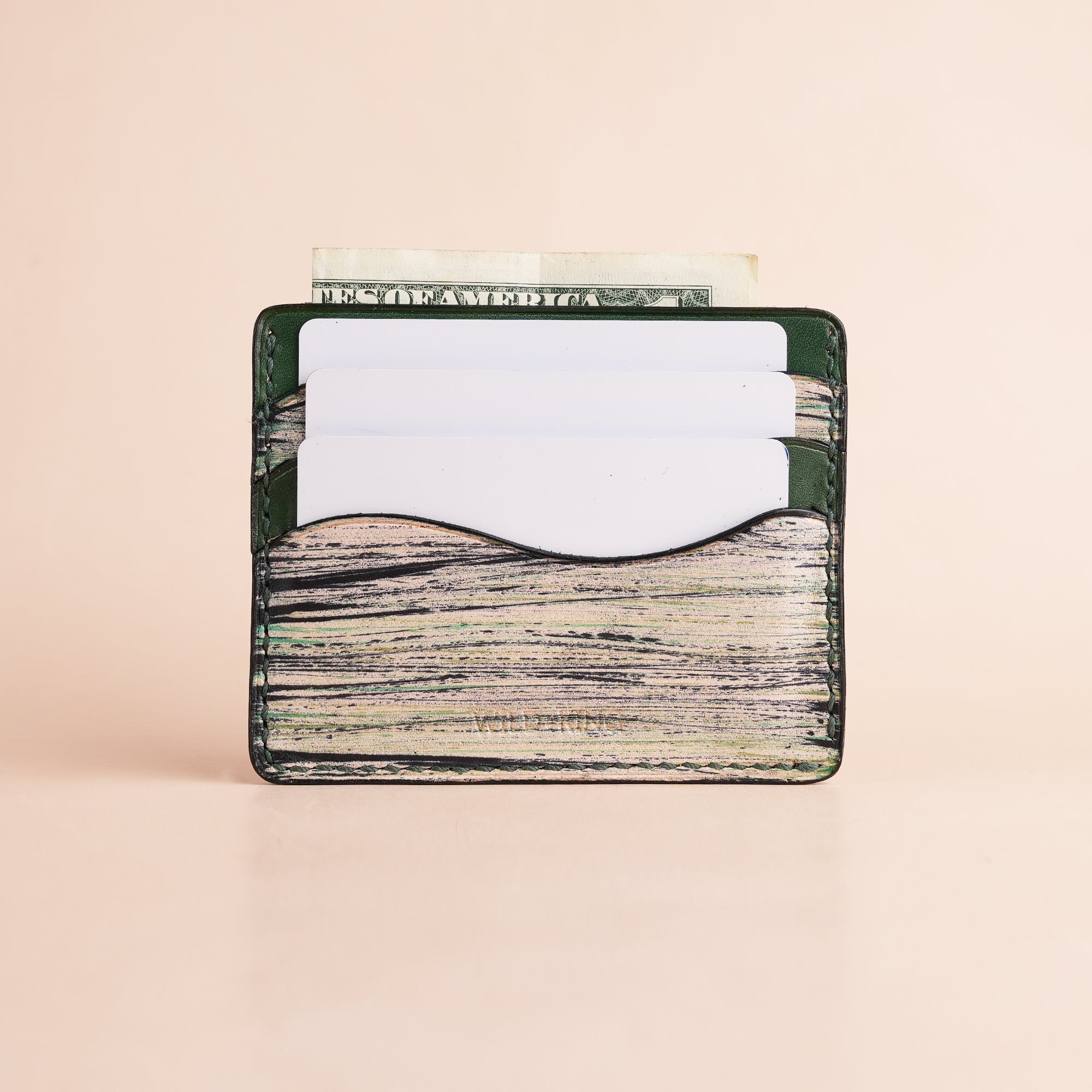 Minimalist Green Leather Card Holder - Natural Streaks