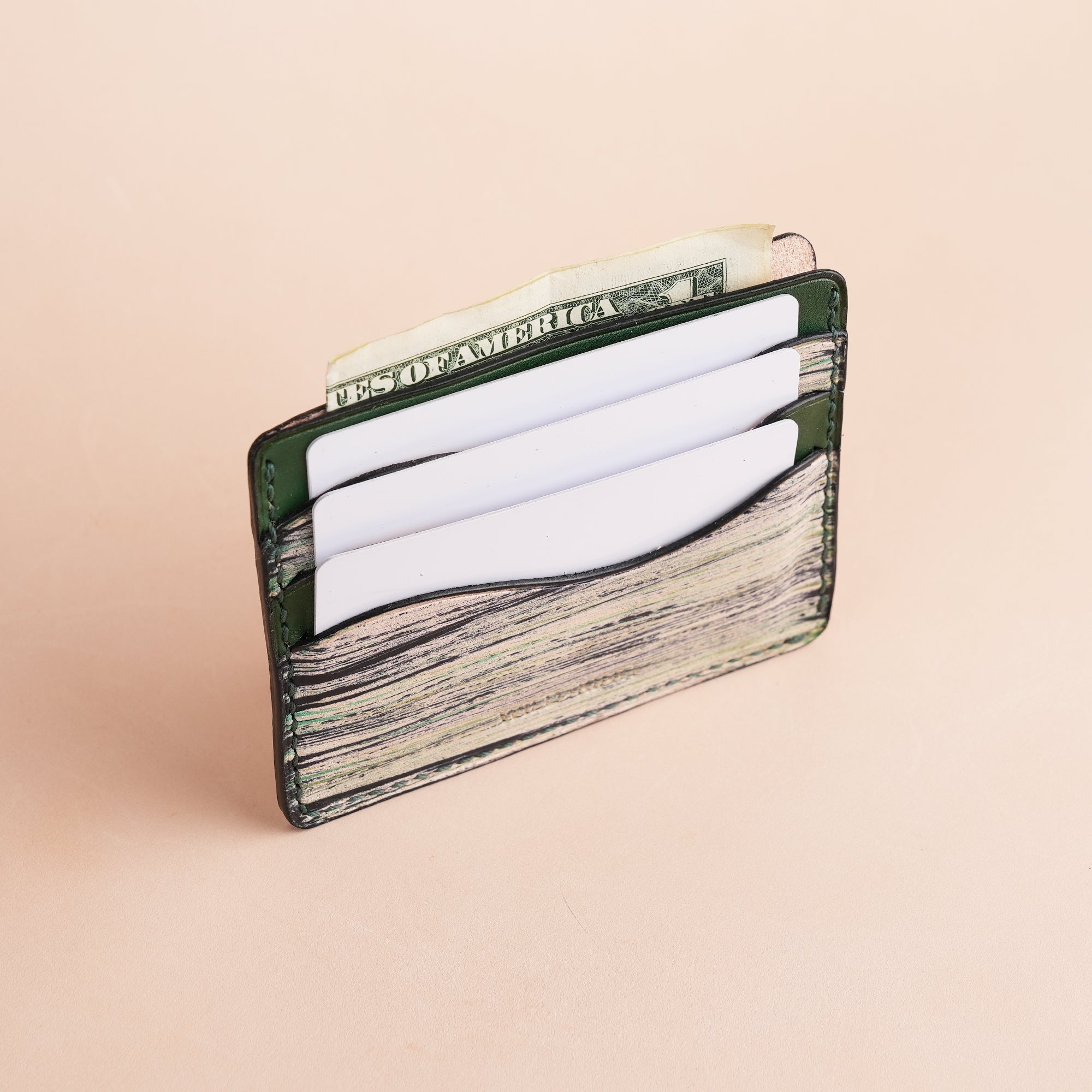 Minimalist Green Leather Card Holder - Natural Streaks