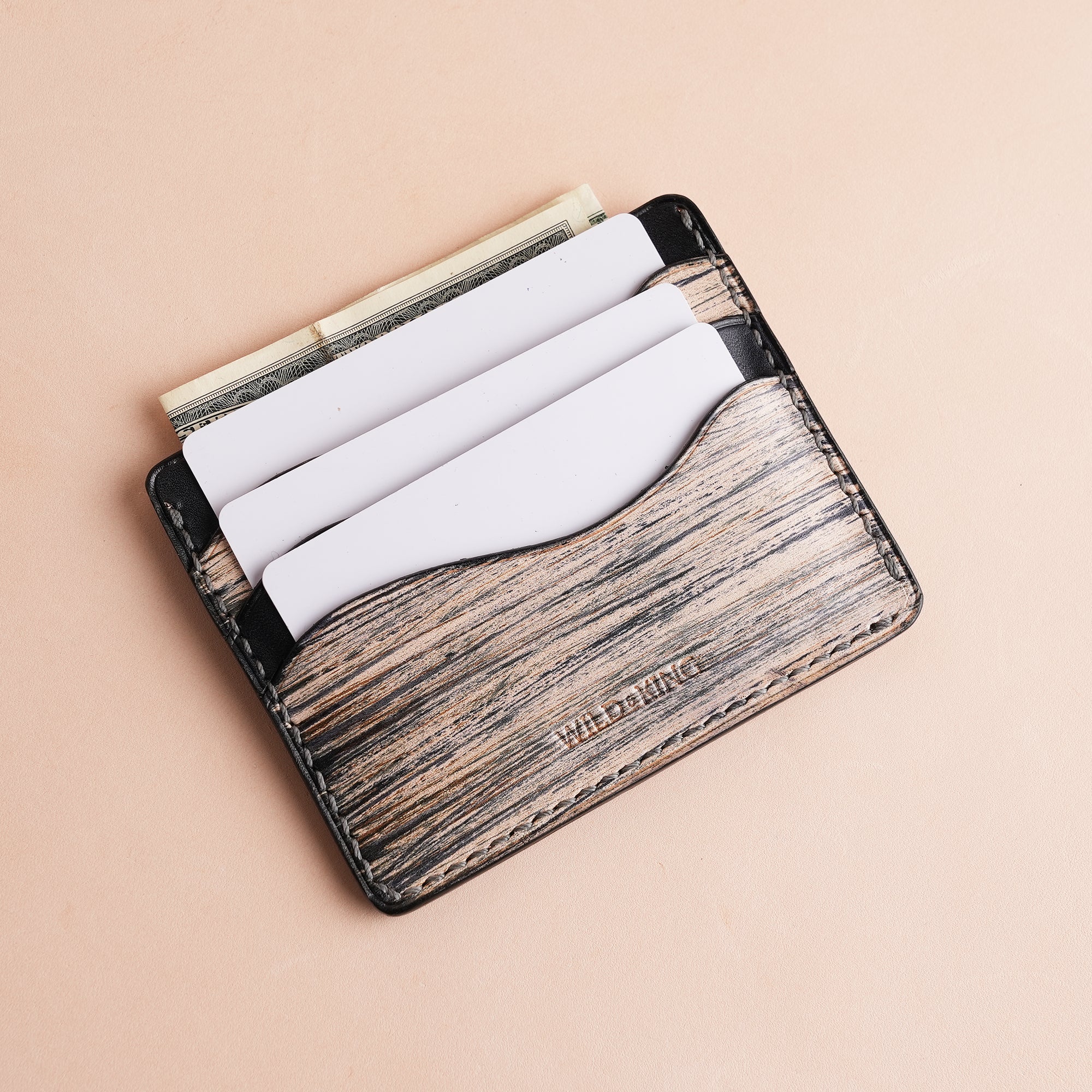 Minimalist Black Leather Card Holder - Natural Streaks