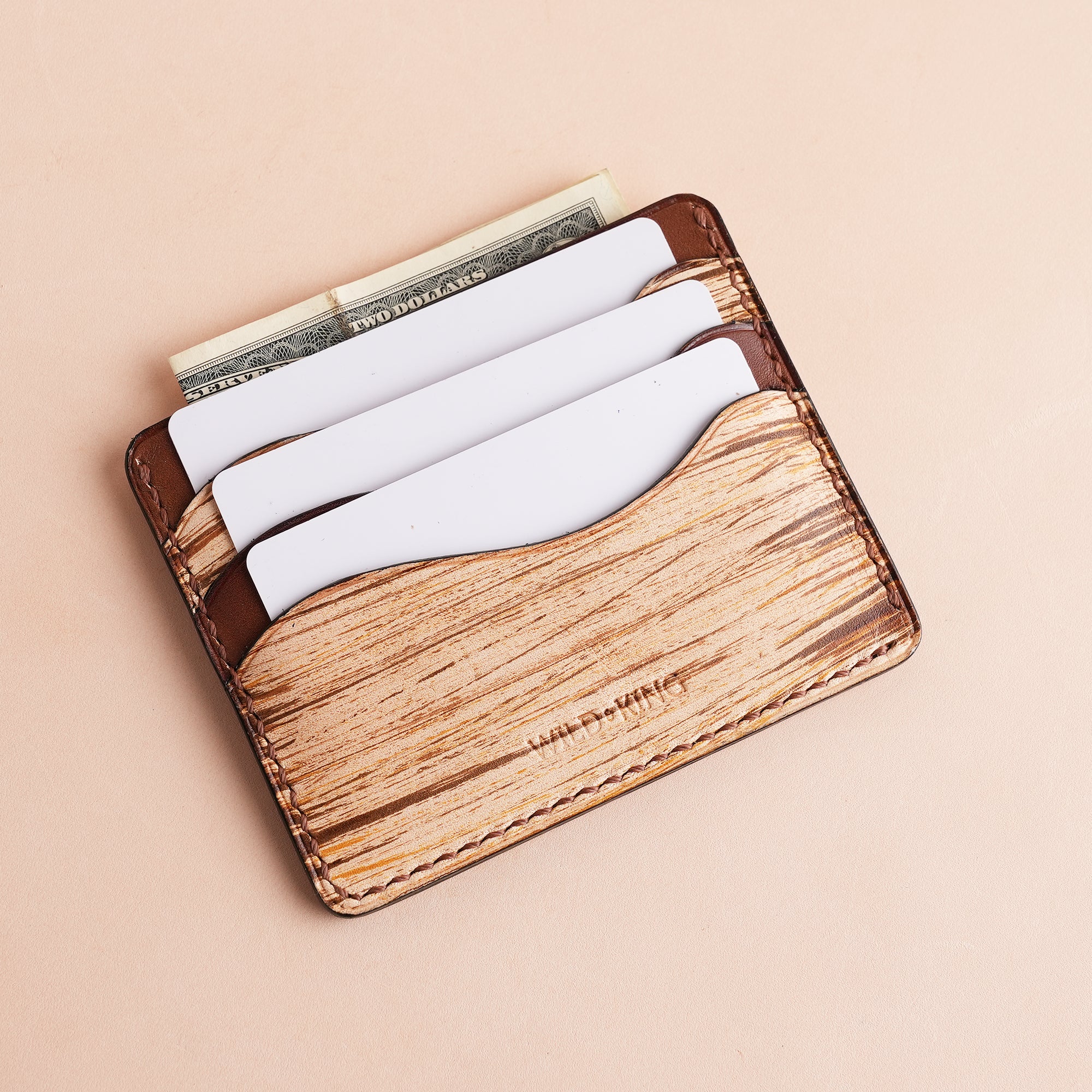 Minimalist Brown Leather Card Holder - Natural Streaks