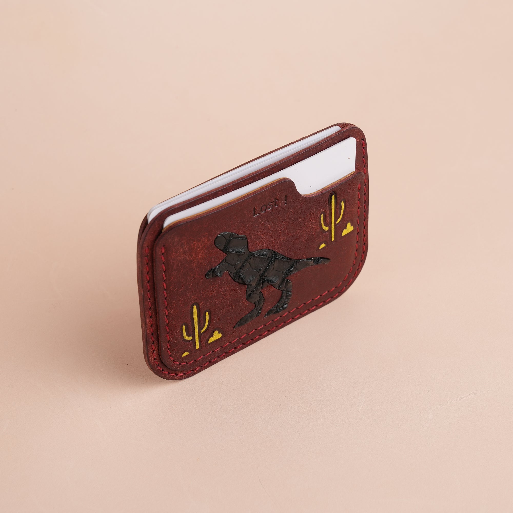 Minimalist Burgundy Pueblo Leather Card Holder - Dinosaur Design