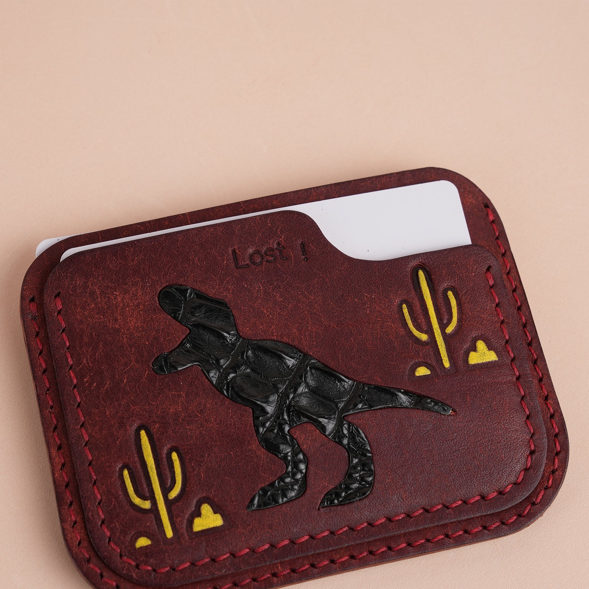 Minimalist Burgundy Pueblo Leather Card Holder - Dinosaur Design