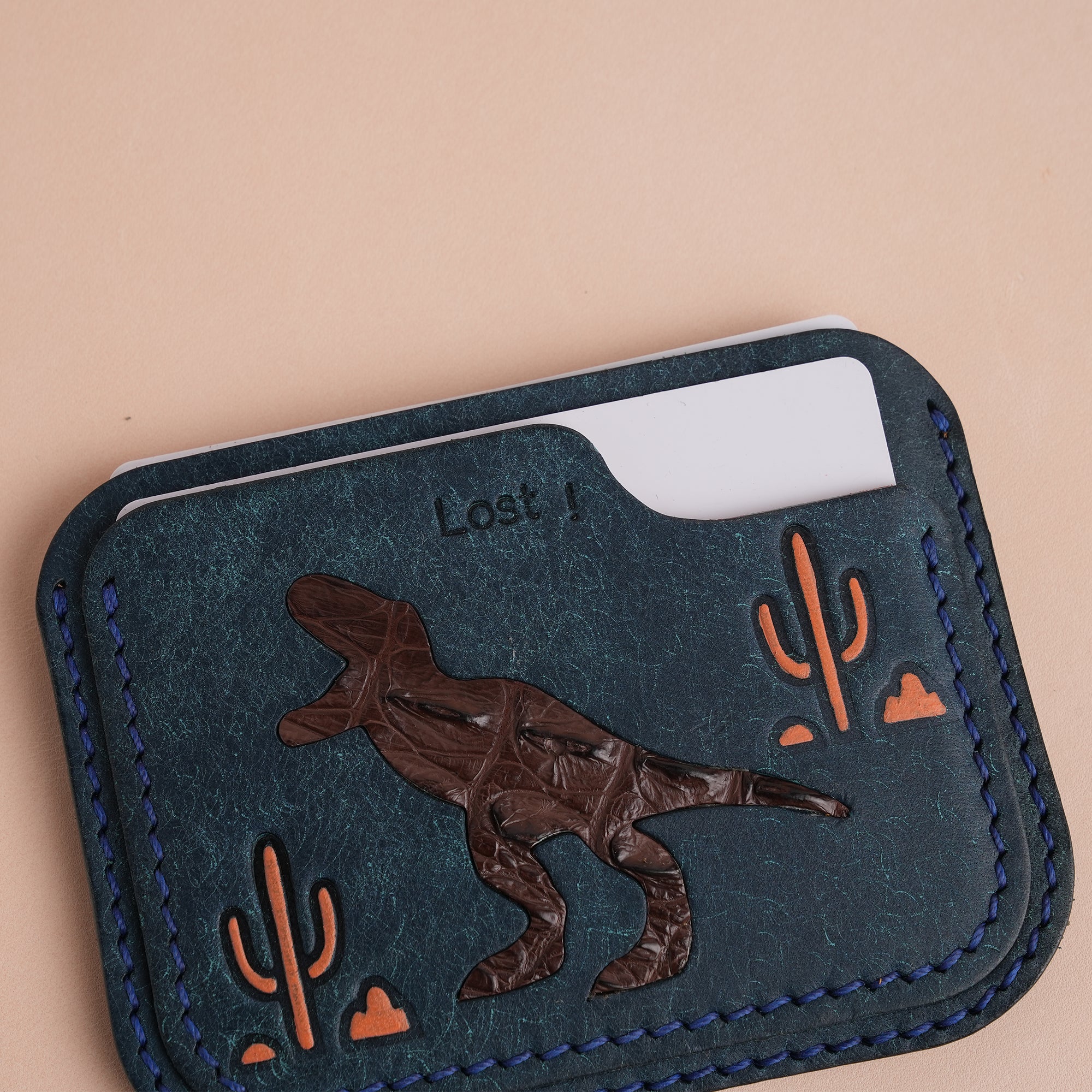 Minimalist Navy Pueblo Leather Card Holder - Dinosaur Design