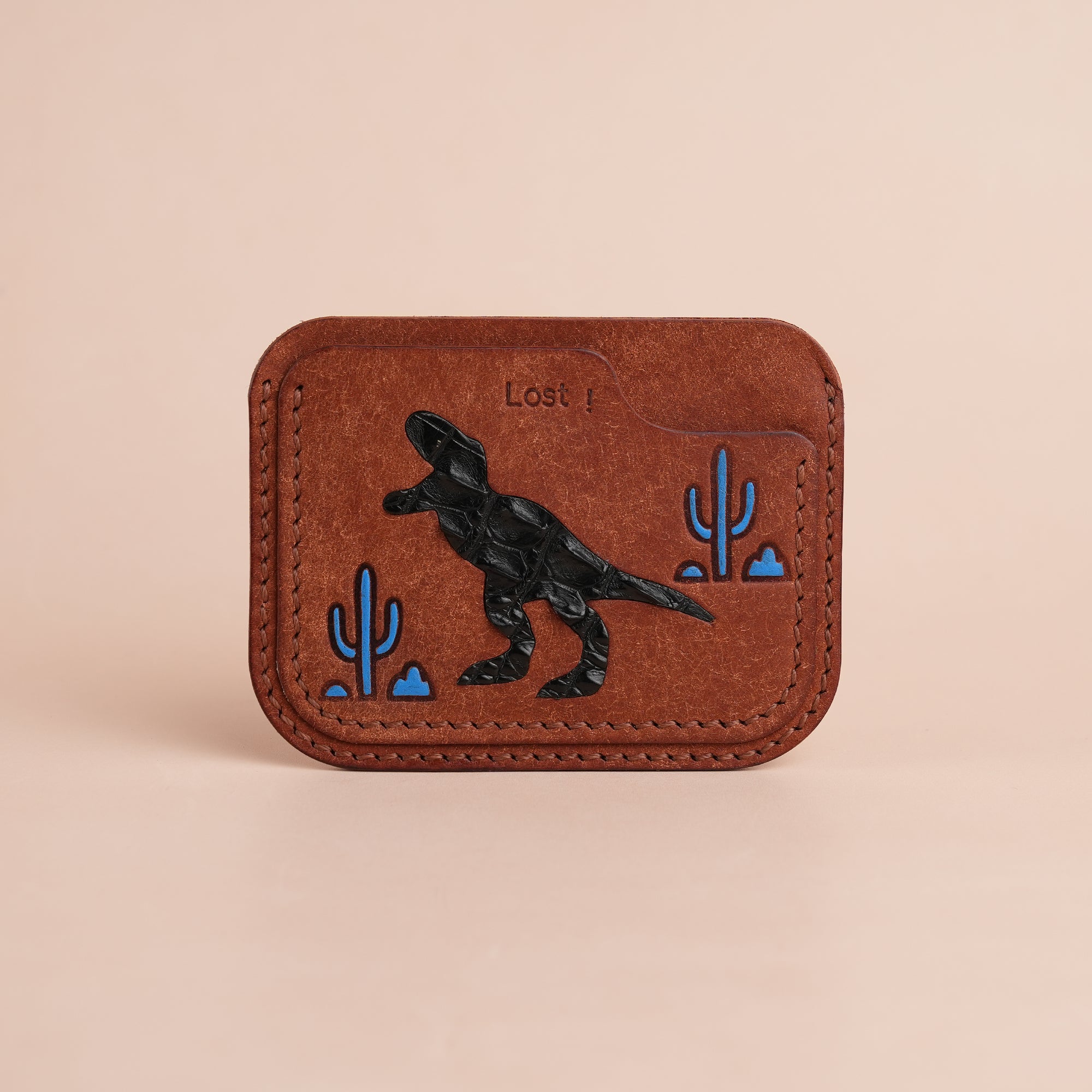 Minimalist Brown Pueblo Leather Card Holder - Dinosaur Design
