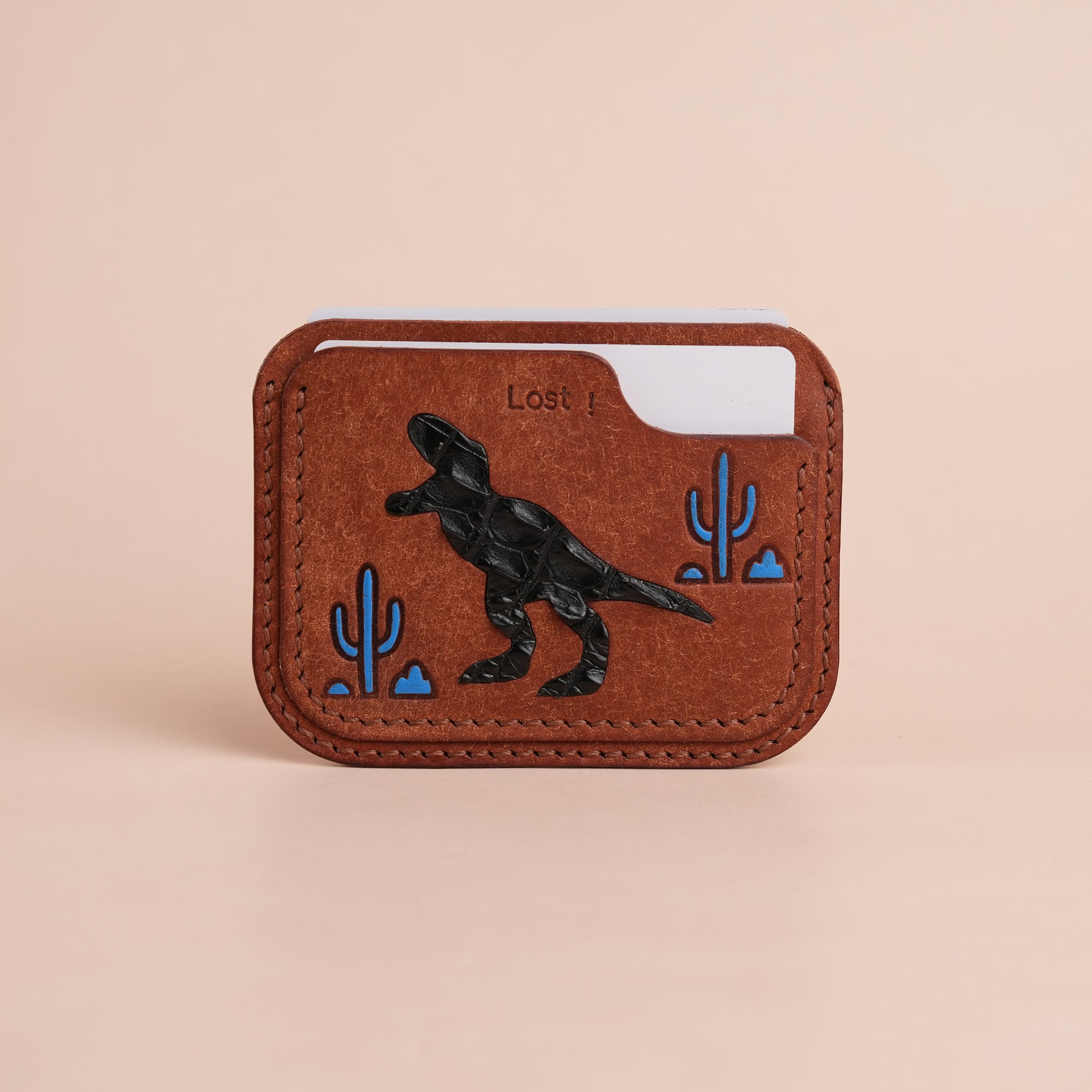 Minimalist Brown Pueblo Leather Card Holder - Dinosaur Design