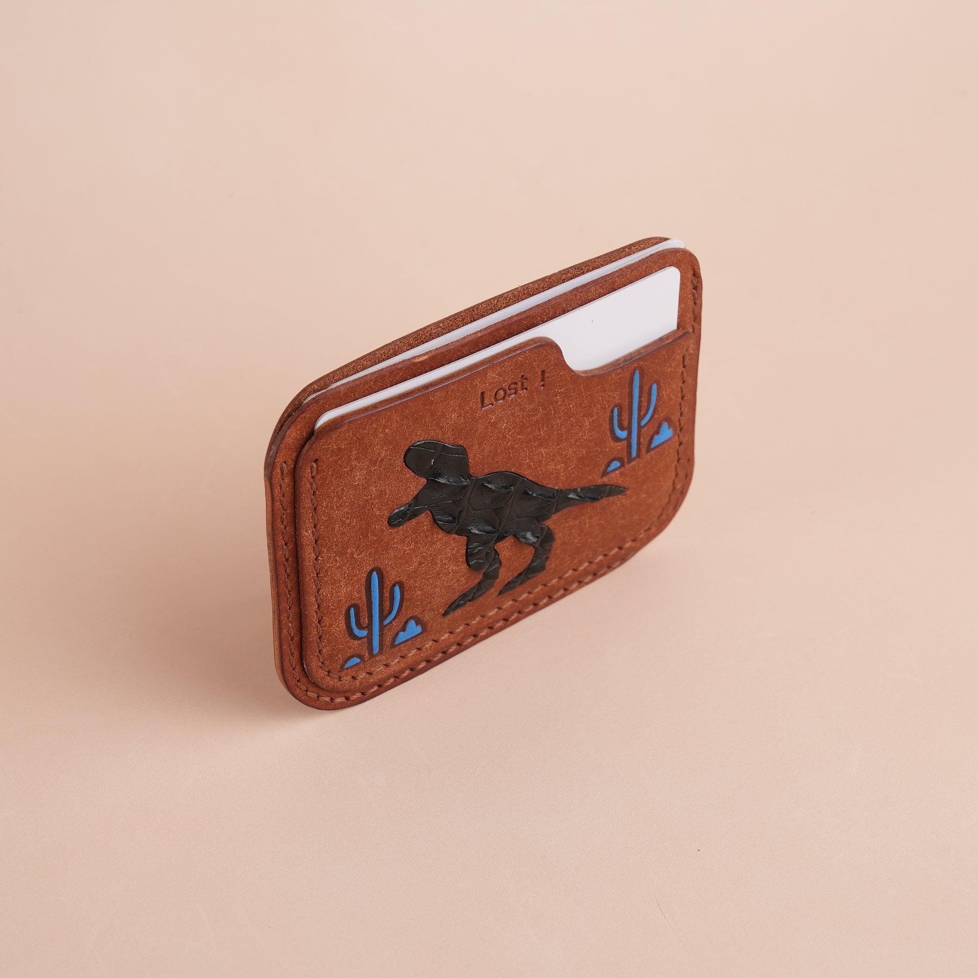 Minimalist Brown Pueblo Leather Card Holder - Dinosaur Design