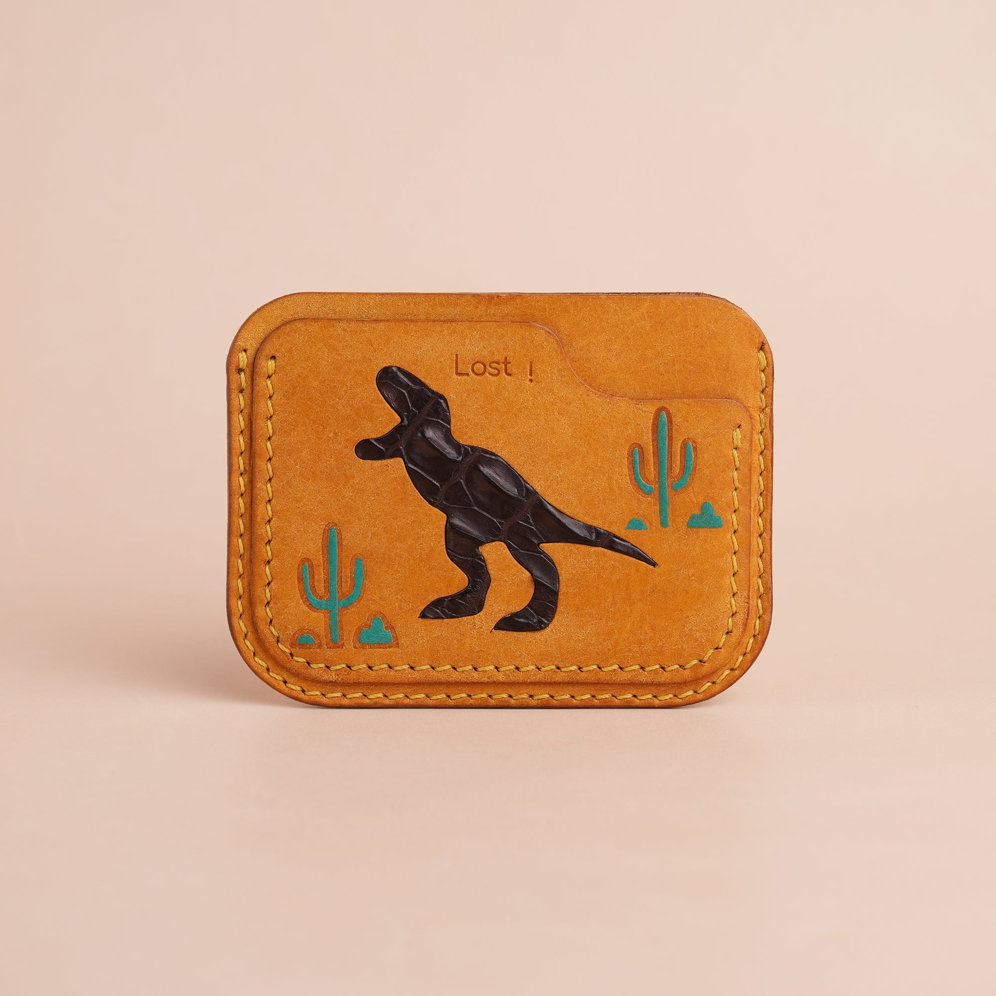 Minimalist Golden Pueblo Leather Card Holder - Dinosaur Design