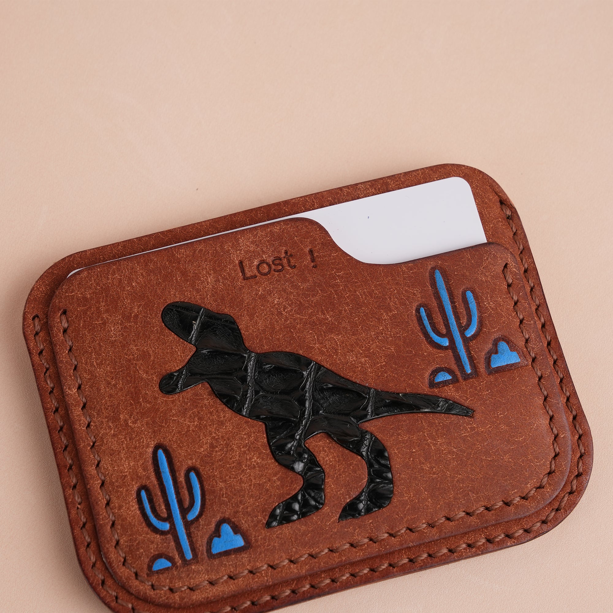 Minimalist Brown Pueblo Leather Card Holder - Dinosaur Design