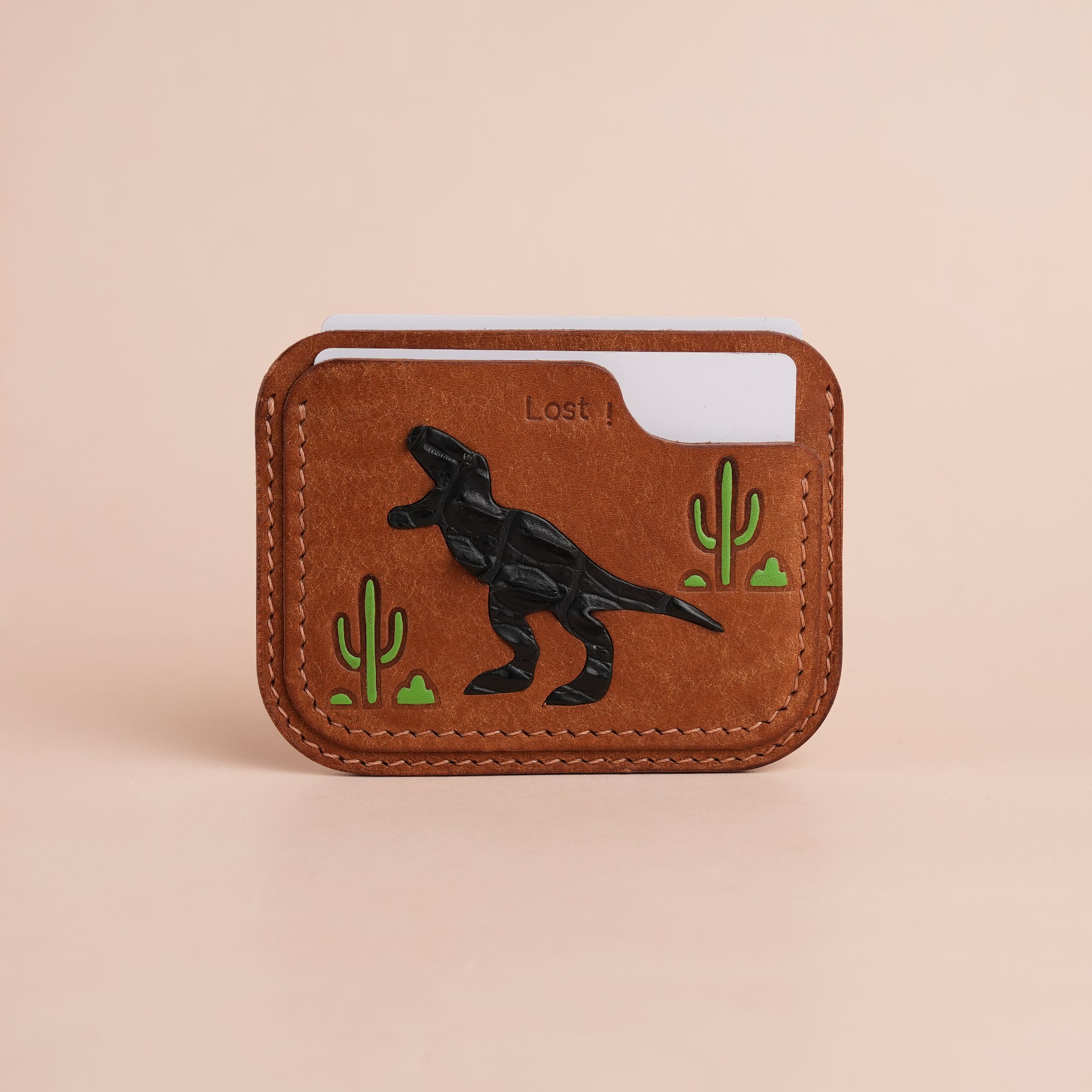 Minimalist Cognac Pueblo Leather Card Holder - Dinosaur Design