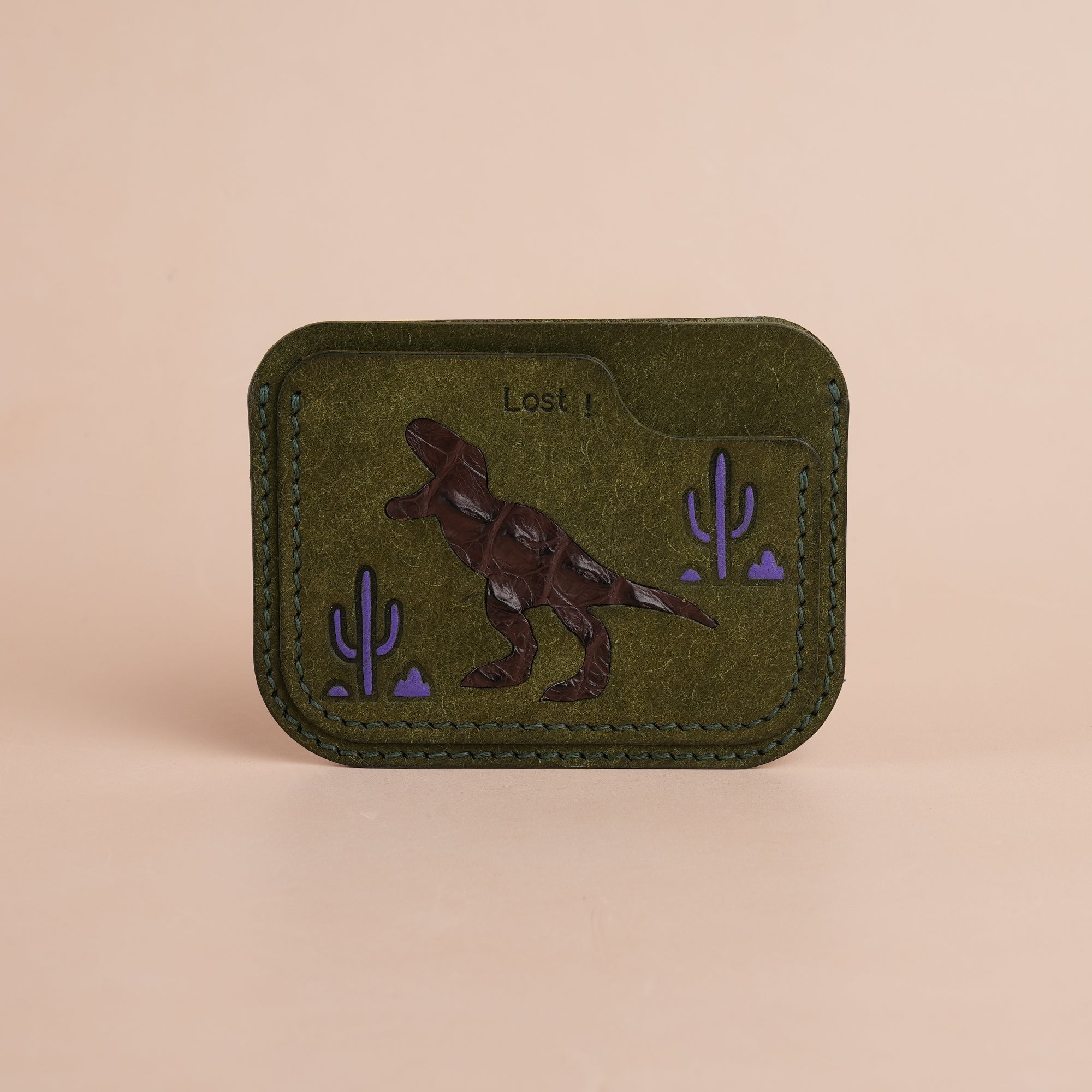 Minimalist Green Pueblo Leather Card Holder - Dinosaur Design