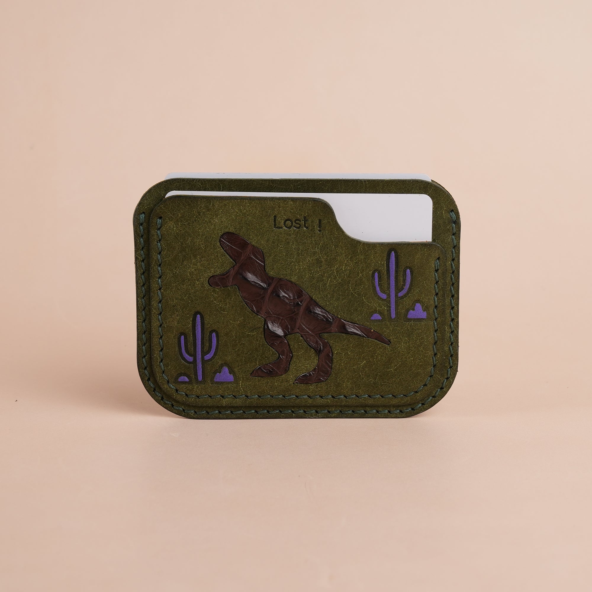 Minimalist Green Pueblo Leather Card Holder - Dinosaur Design