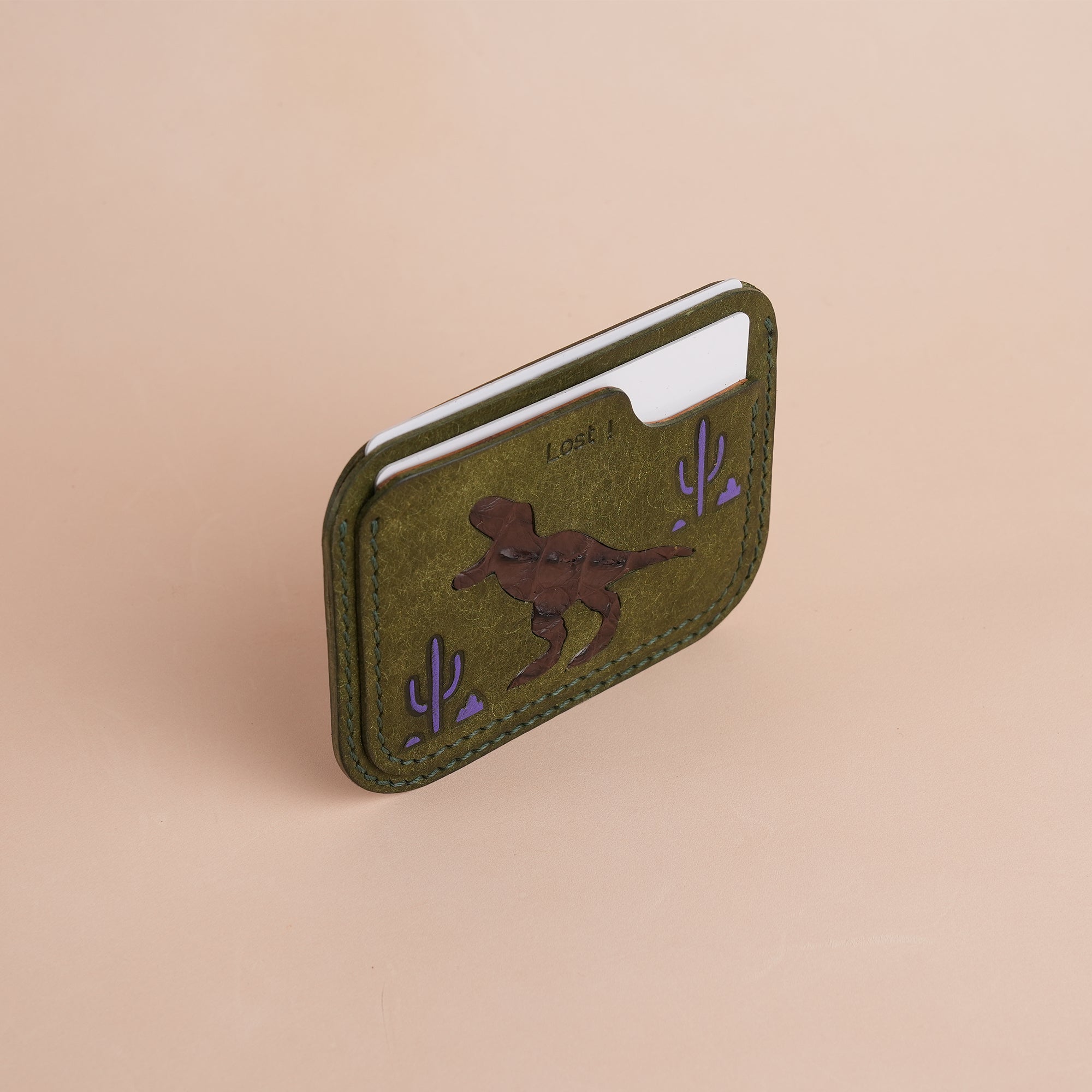 Minimalist Green Pueblo Leather Card Holder - Dinosaur Design