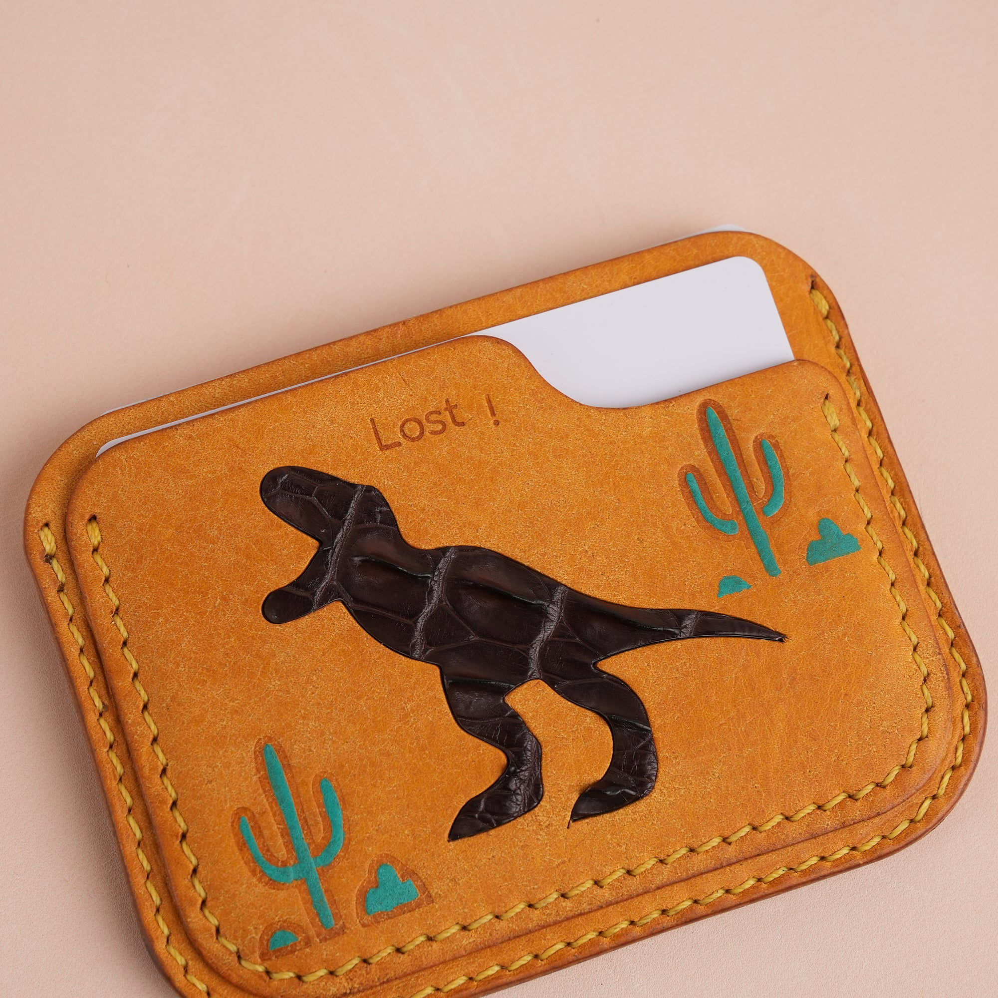 Minimalist Golden Pueblo Leather Card Holder - Dinosaur Design