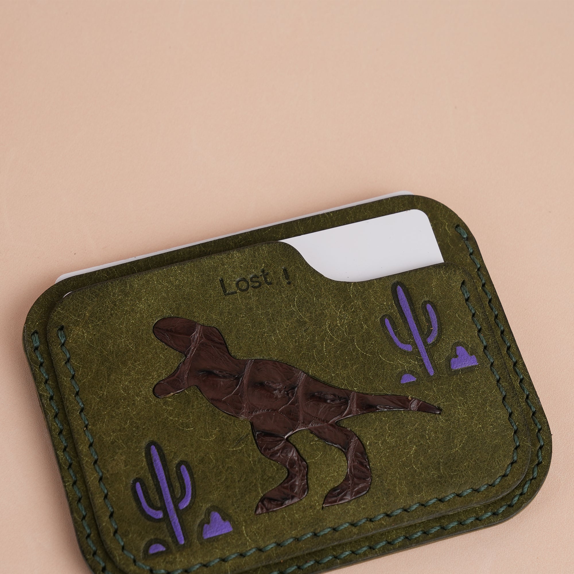 Minimalist Green Pueblo Leather Card Holder - Dinosaur Design