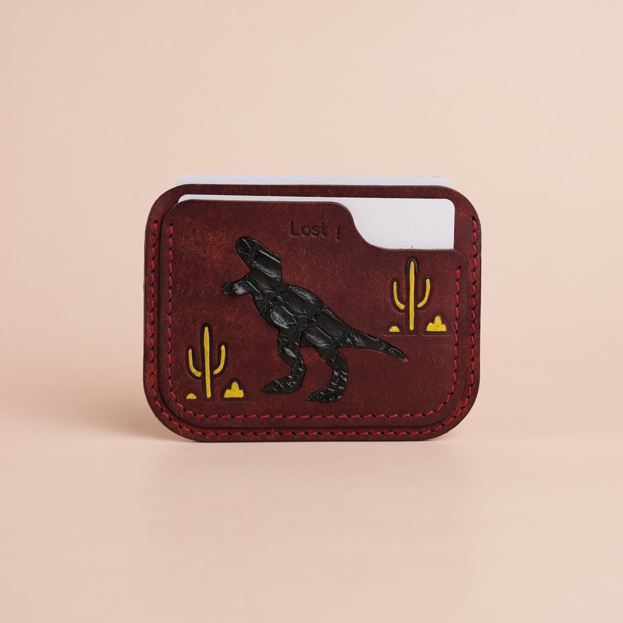 Minimalist Burgundy Pueblo Leather Card Holder - Dinosaur Design