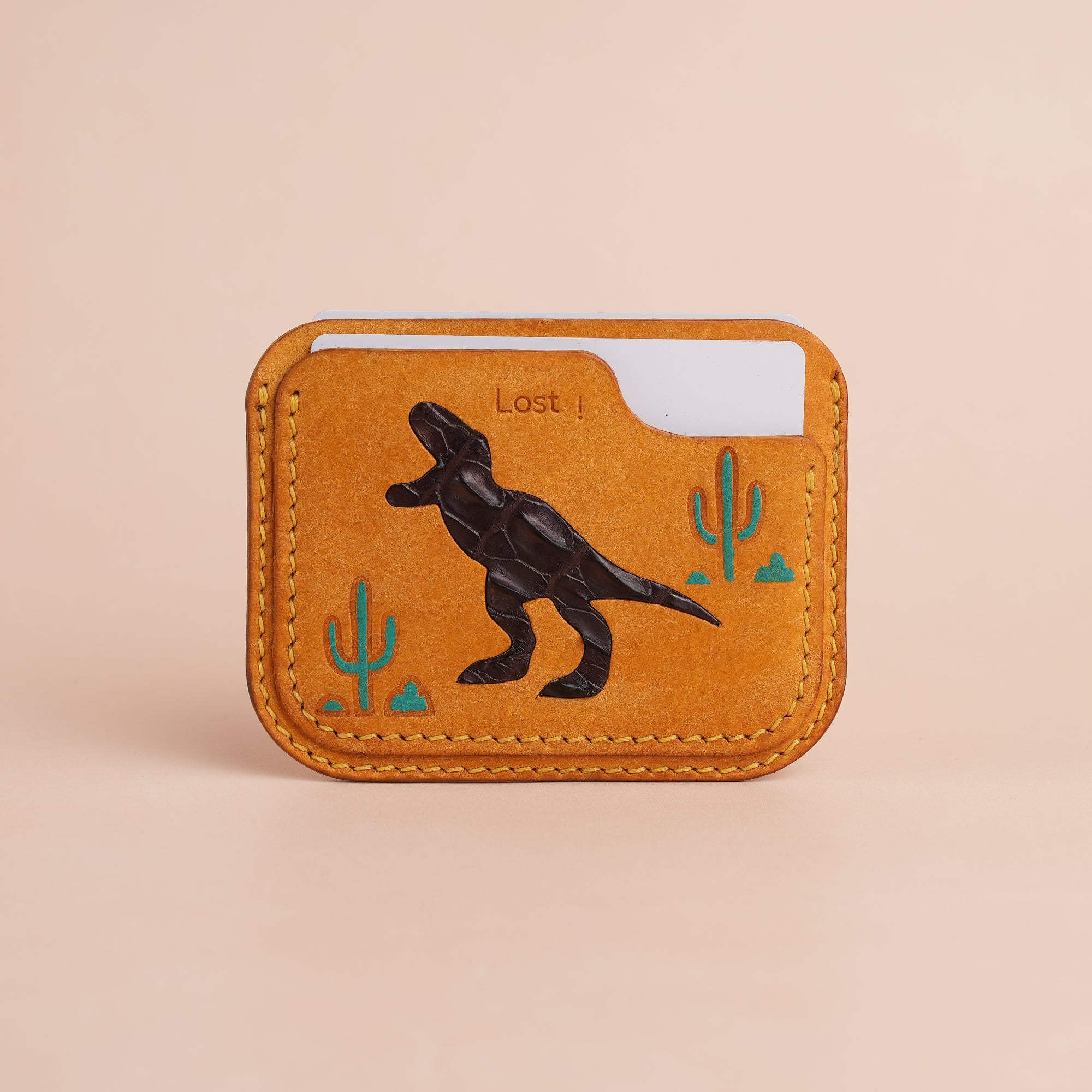 Minimalist Golden Pueblo Leather Card Holder - Dinosaur Design